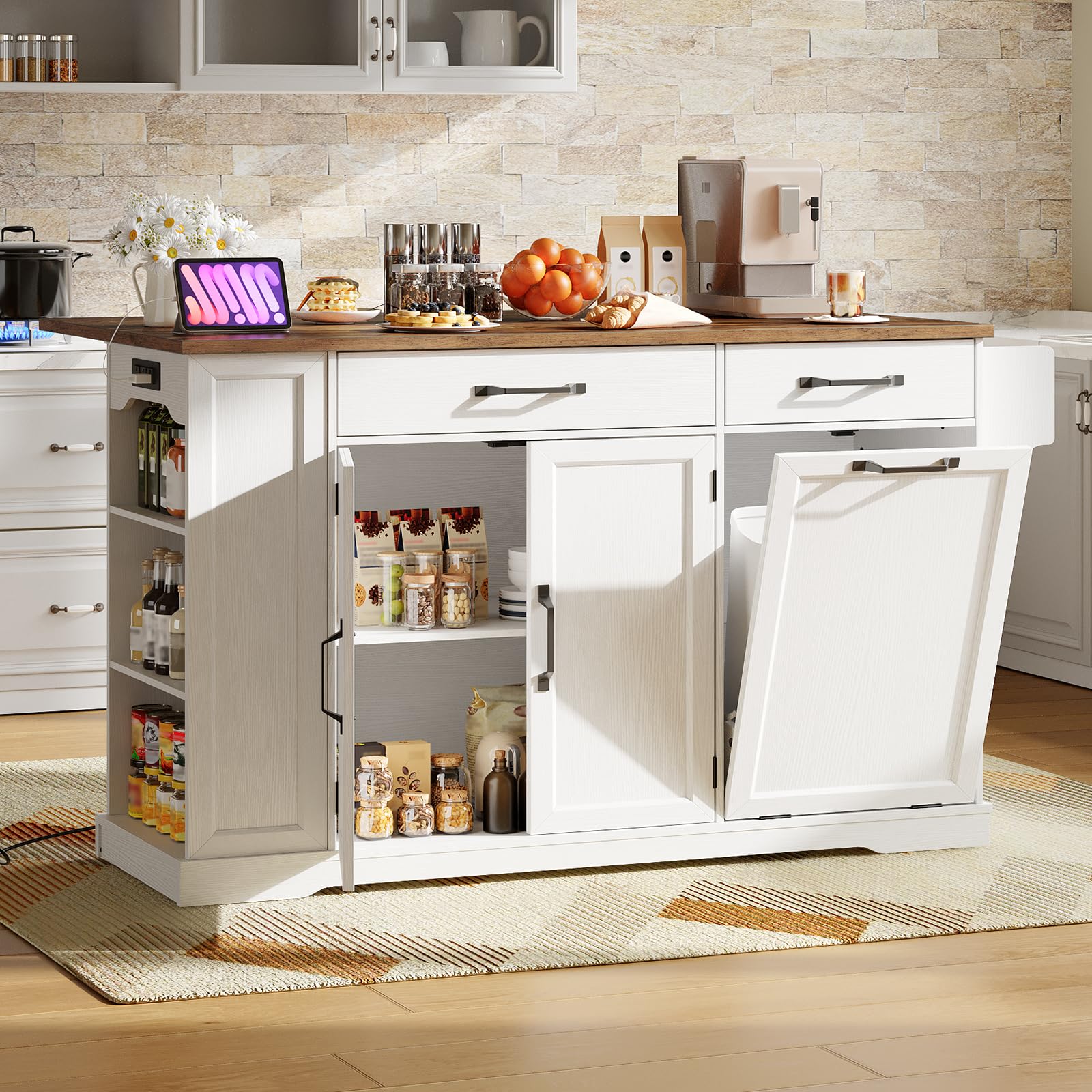 Kitchen Island with Power Outlet and Drop Leaf Rolling Storage Cart