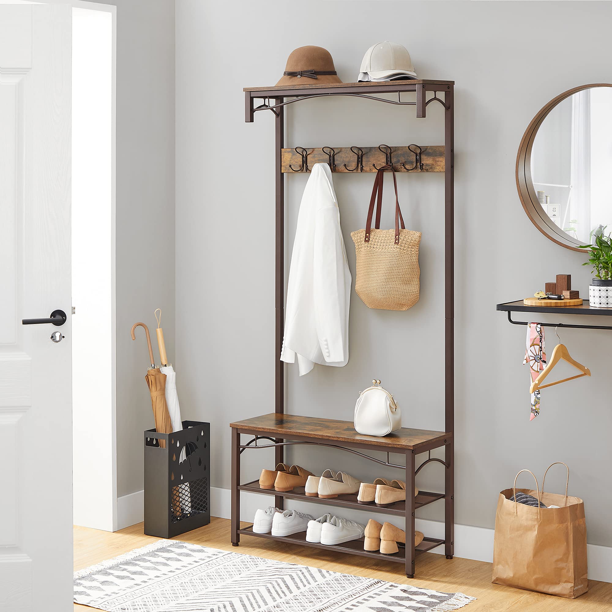 3-in-1 Hall Tree Entryway Bench with Coat Rack and Storage Shelves