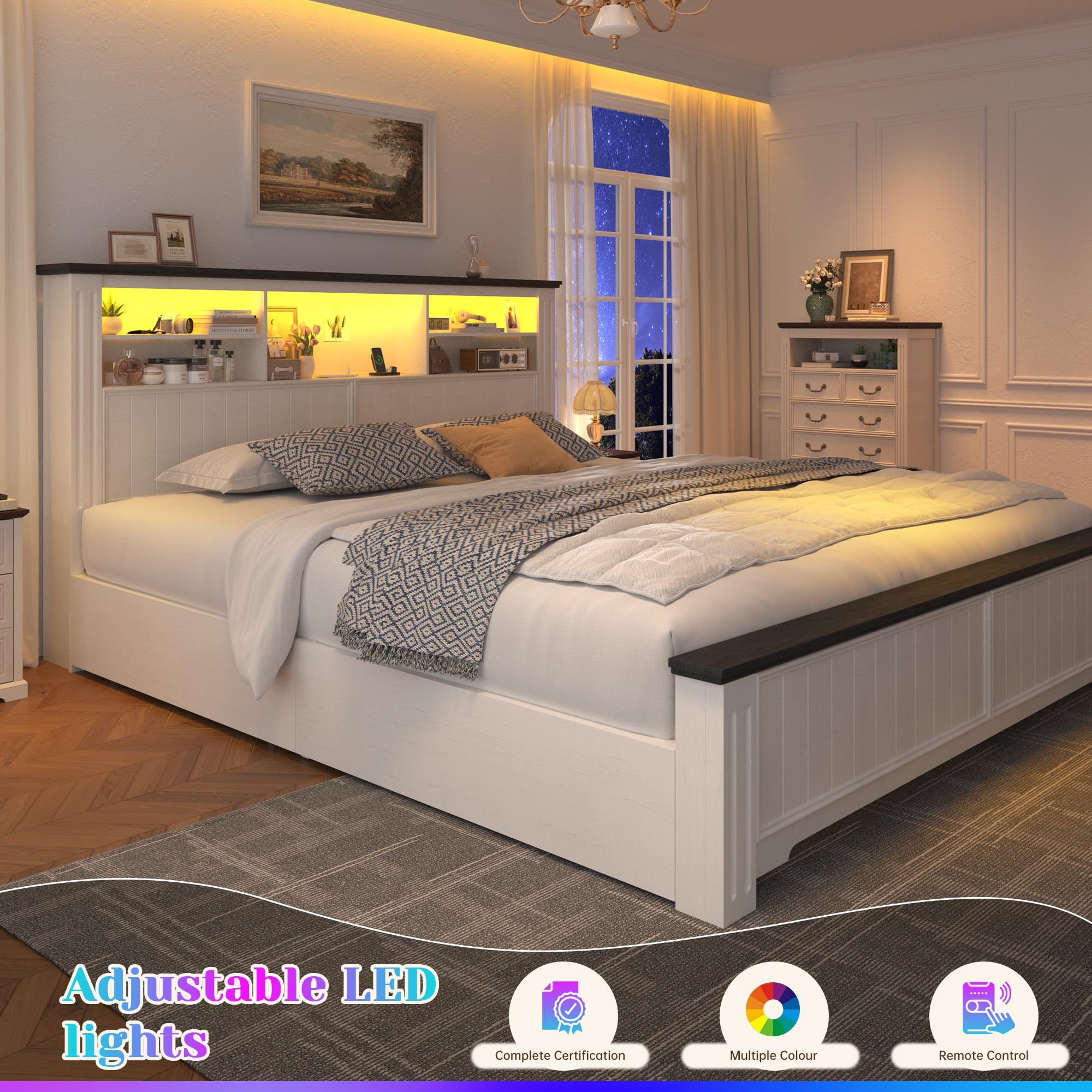King Size Bed Frame with Storage Drawers and LED Charging Station