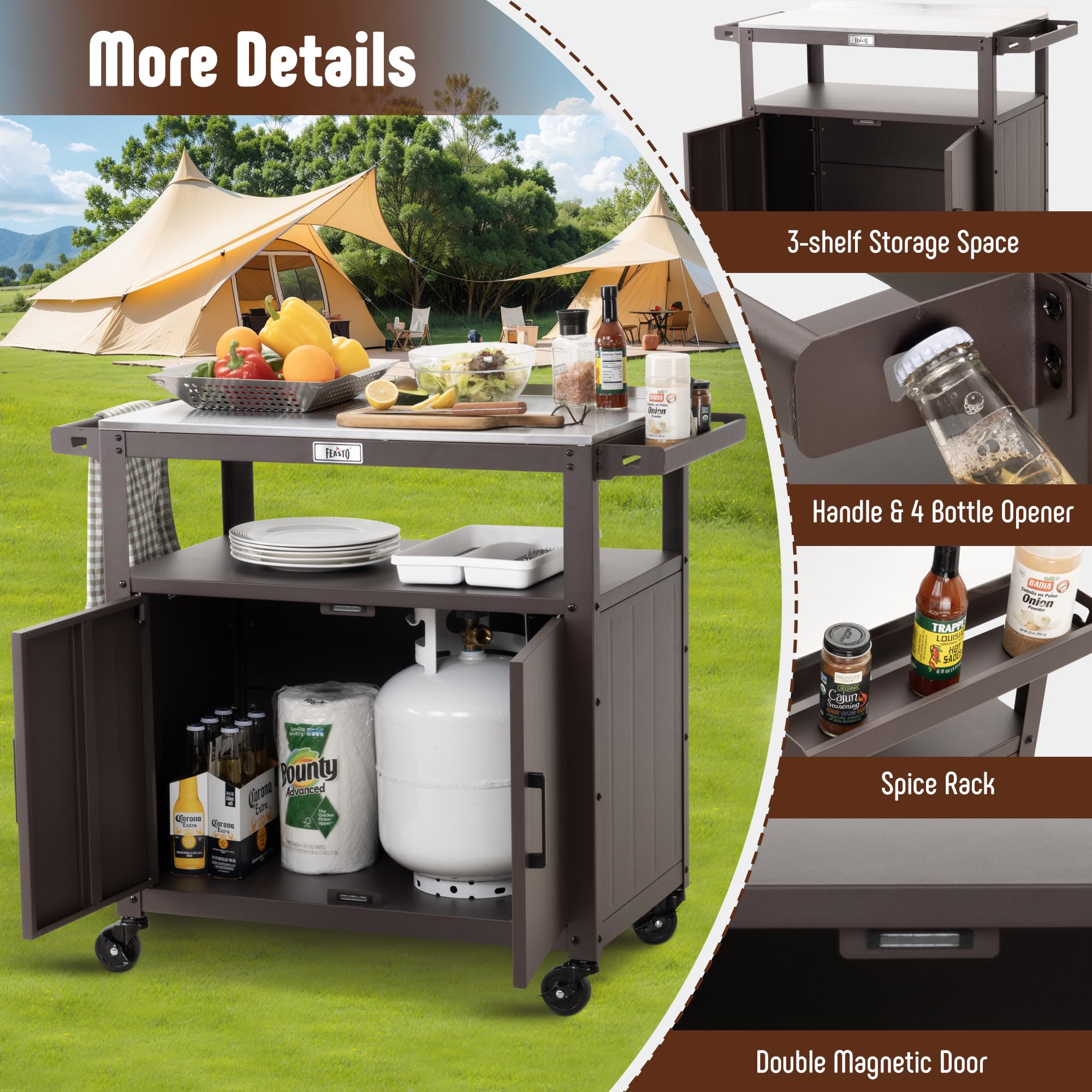Outdoor Grill Cart with Stainless Steel Tabletop and Storage Cabinet