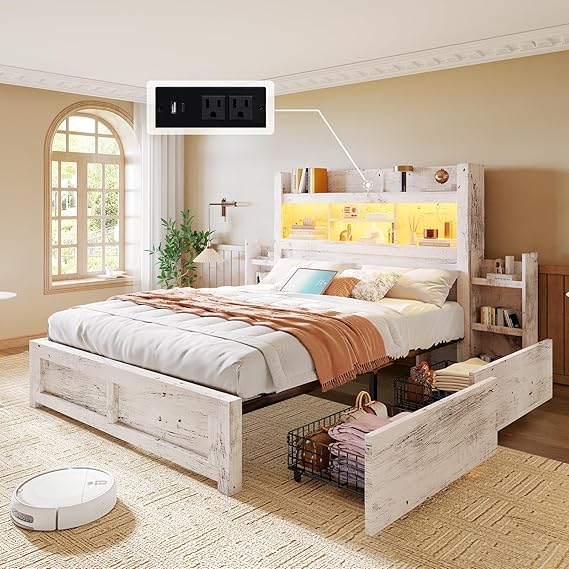 King Bed Frame with Bookcase Headboard and Storage Drawers