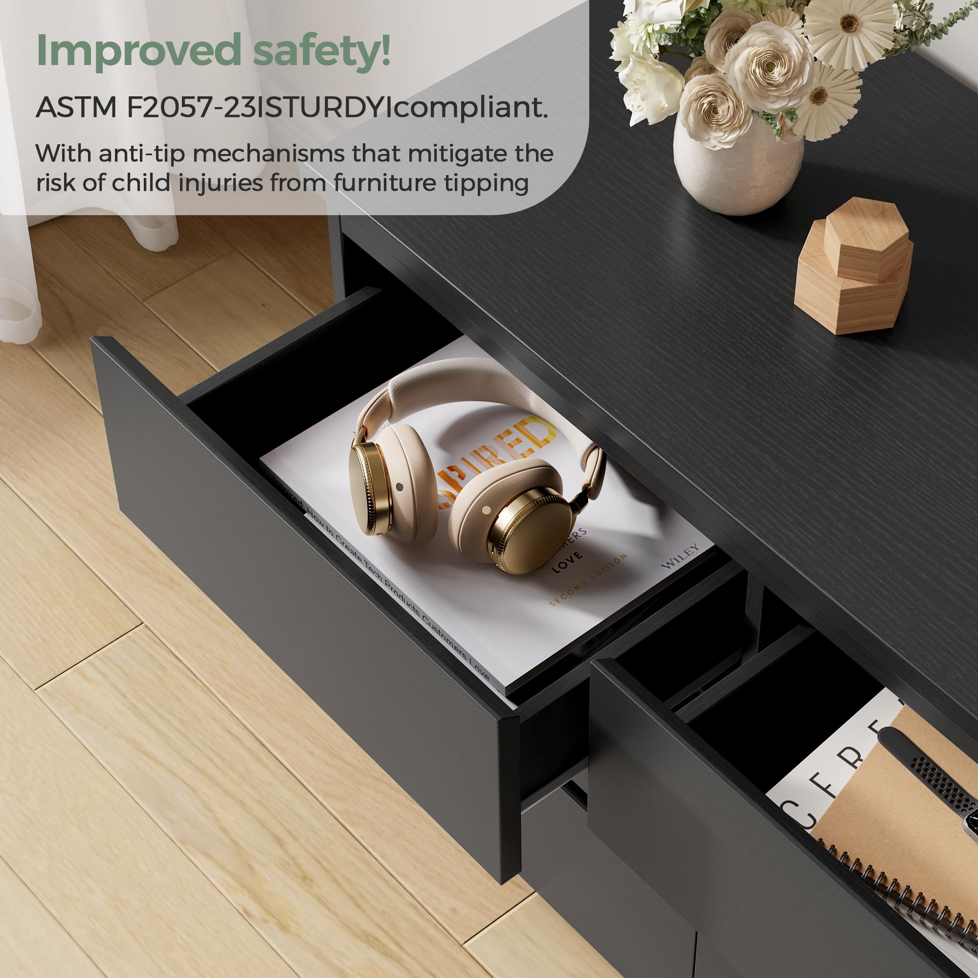 Modern Black 9-Drawer Dresser with Deep Storage