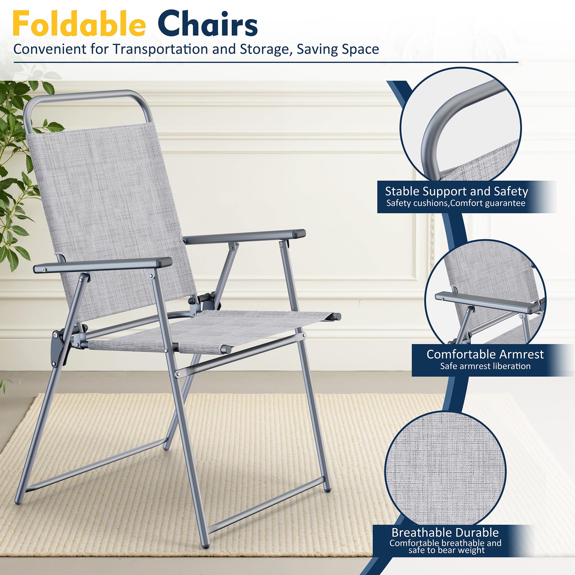 Shintenchi 6 Piece Patio Dining Set with Umbrella, Outdoor Furniture Set with 4 Folding Chairs and Tempered Glass Top Dining Table fot Lawn Backyard Garden Porch, Silver