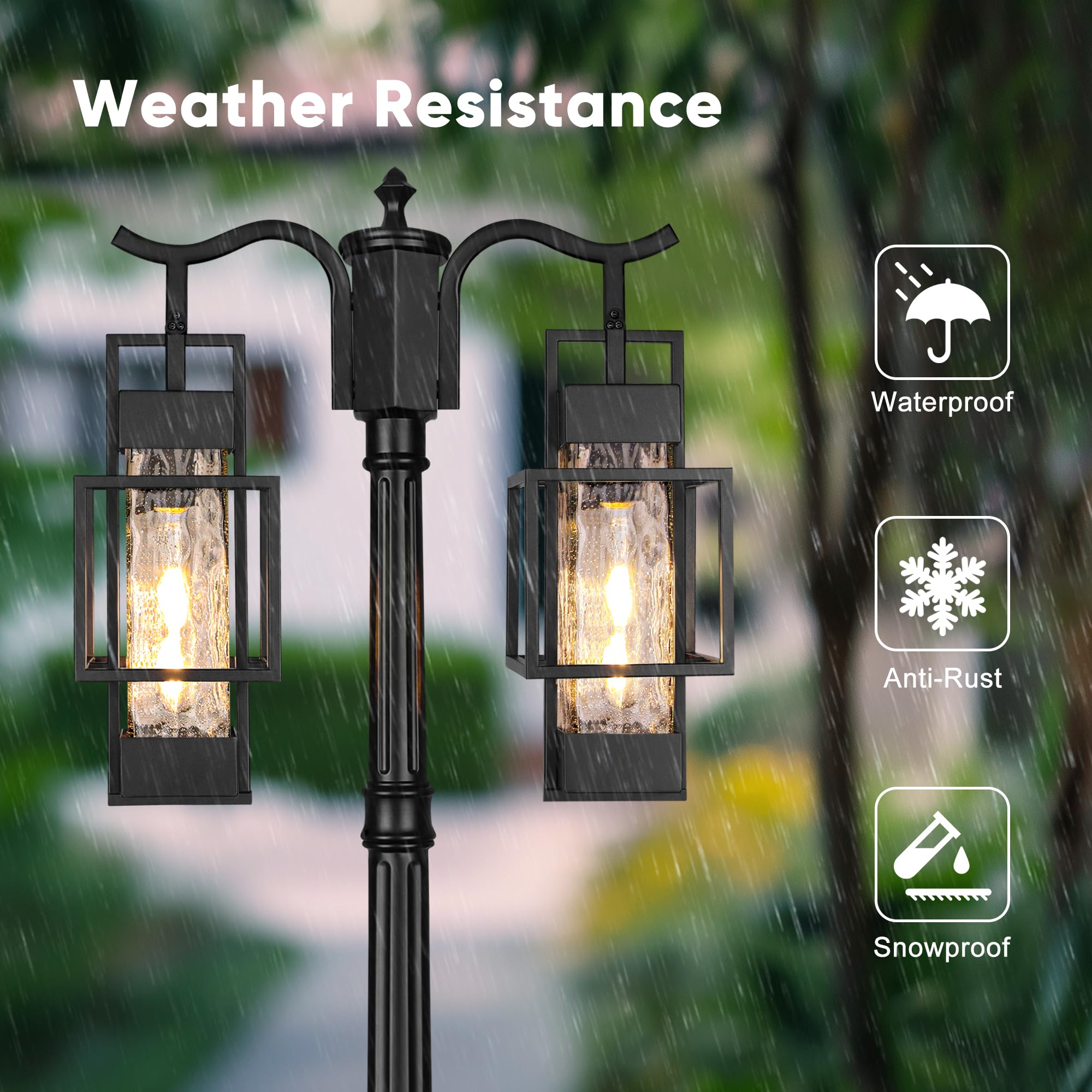 Modern Outdoor Lamp Post Light 2-Head with Water Glass Shade