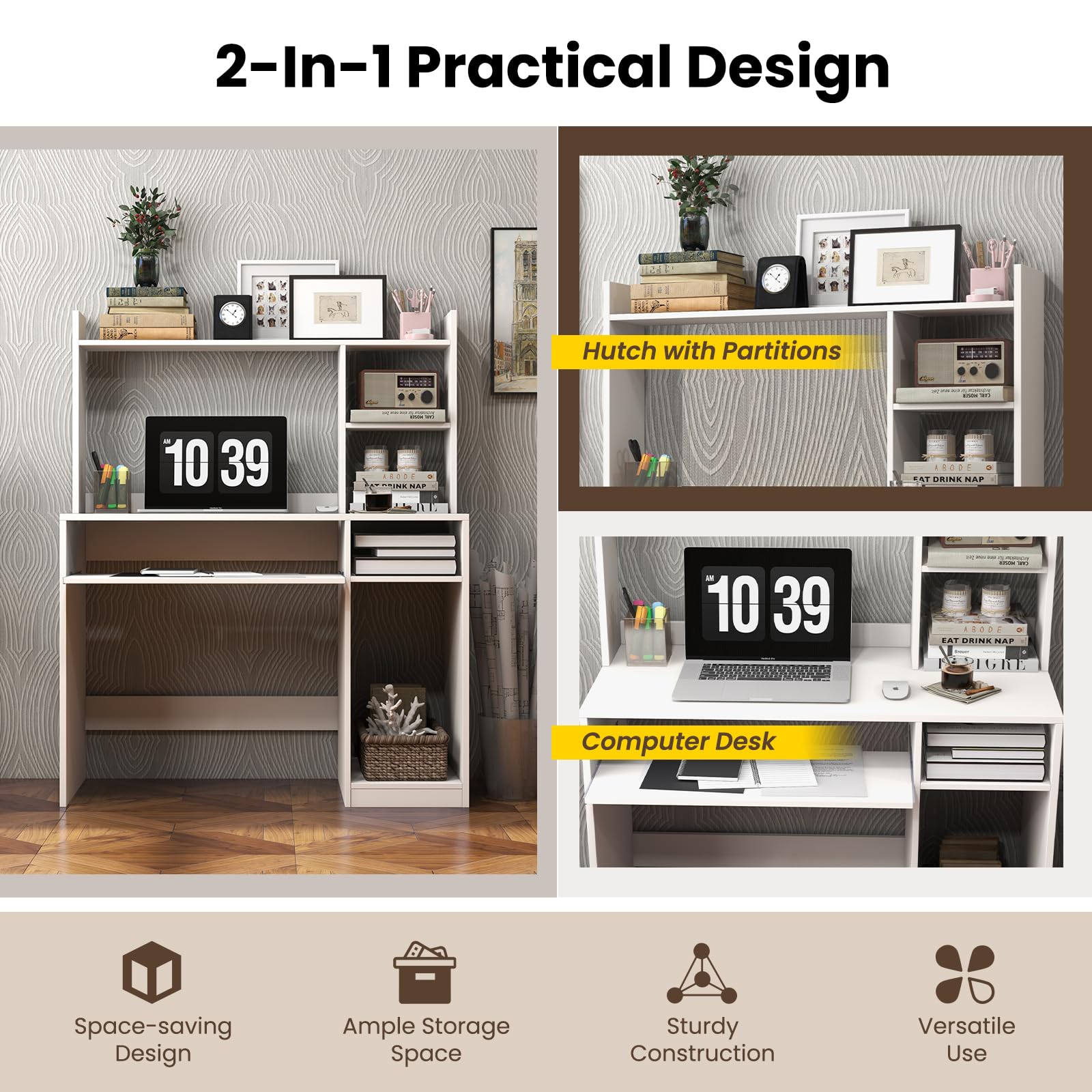 Computer Desk with Hutch 43.5 Inch - Keyboard Tray & Charging Station