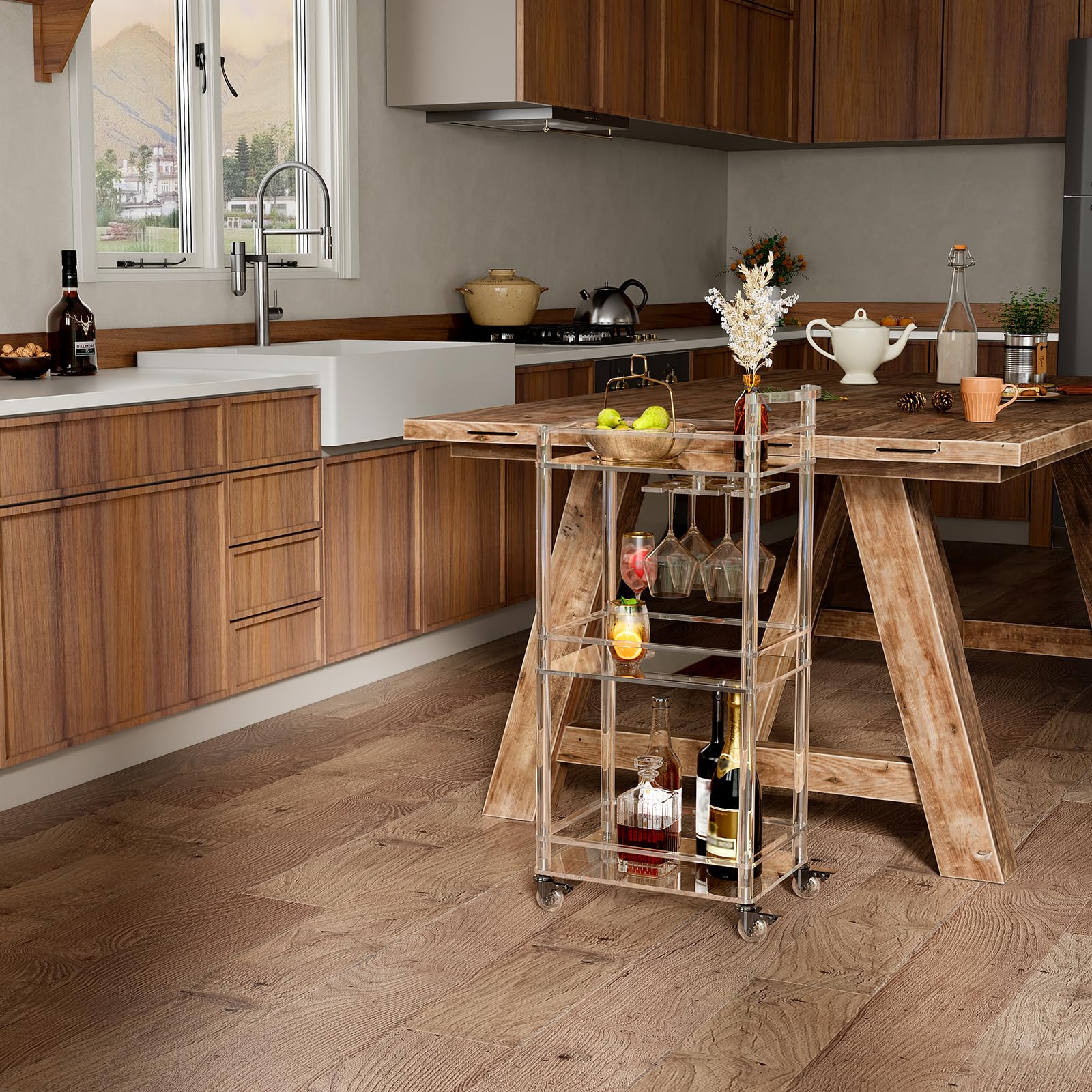 3-Tier Acrylic Rolling Bar Cart with Lockable Wheels