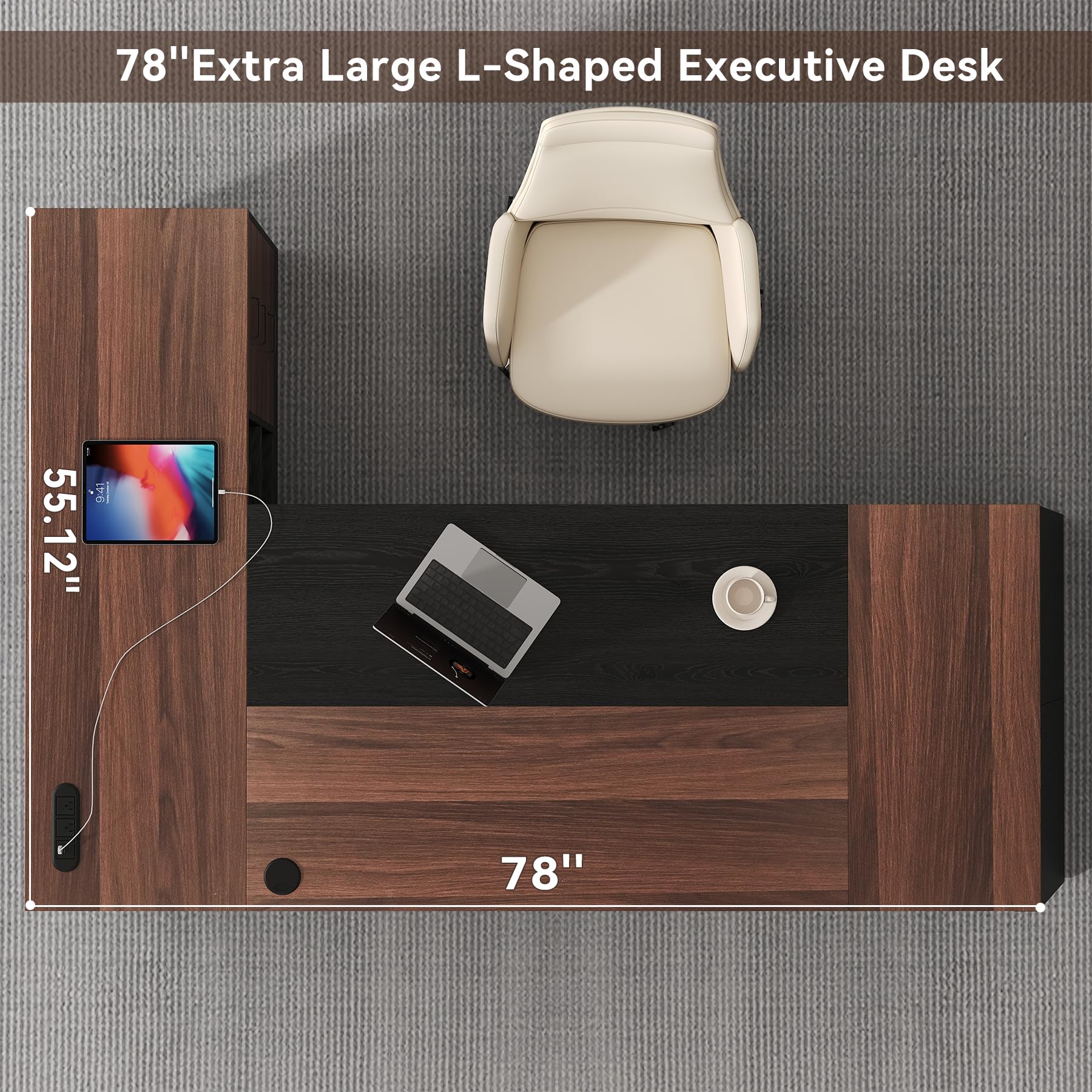 78-Inch L-Shaped Executive Desk with Power Outlet