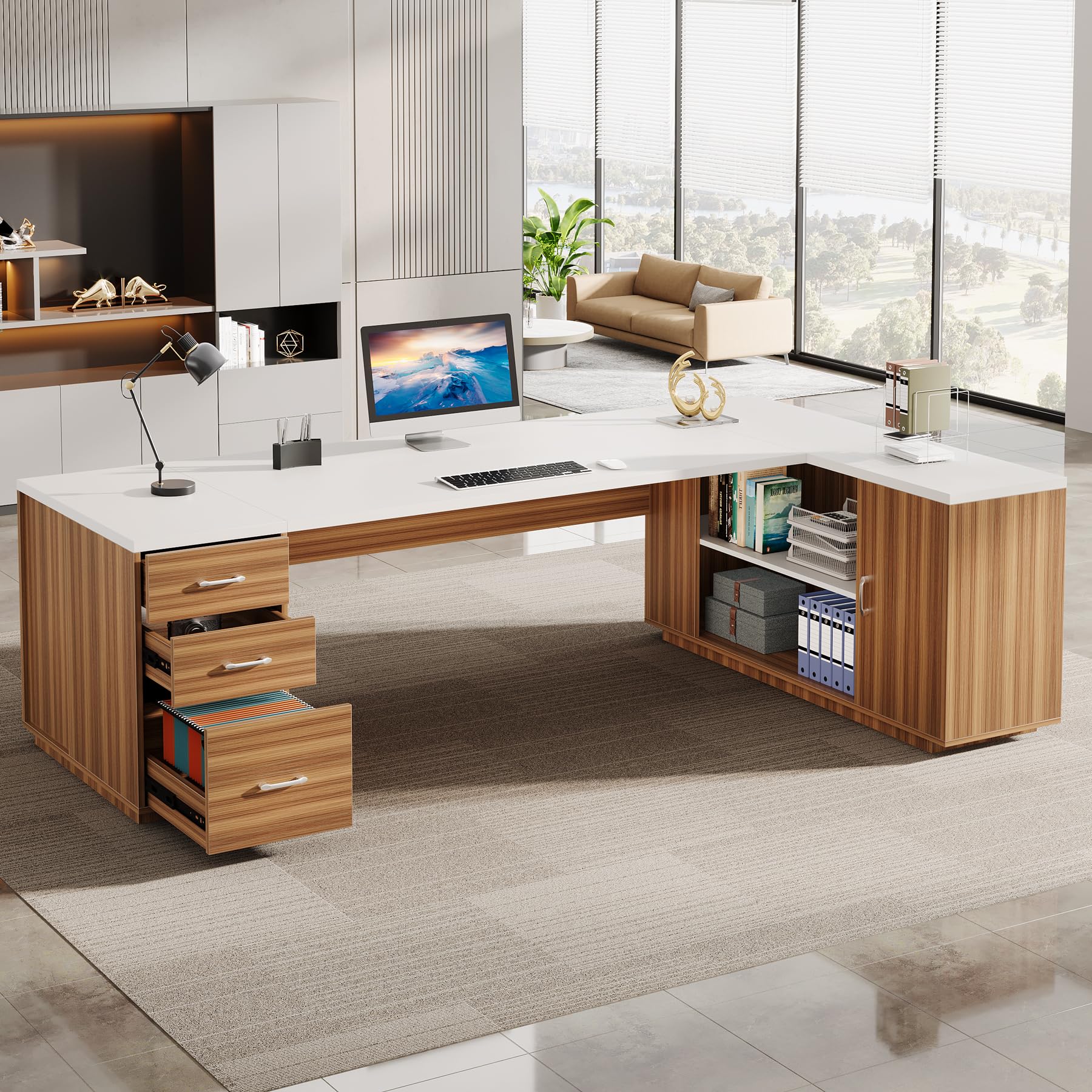85.8-Inch L-Shaped Executive Desk with File Drawers and Cabinet
