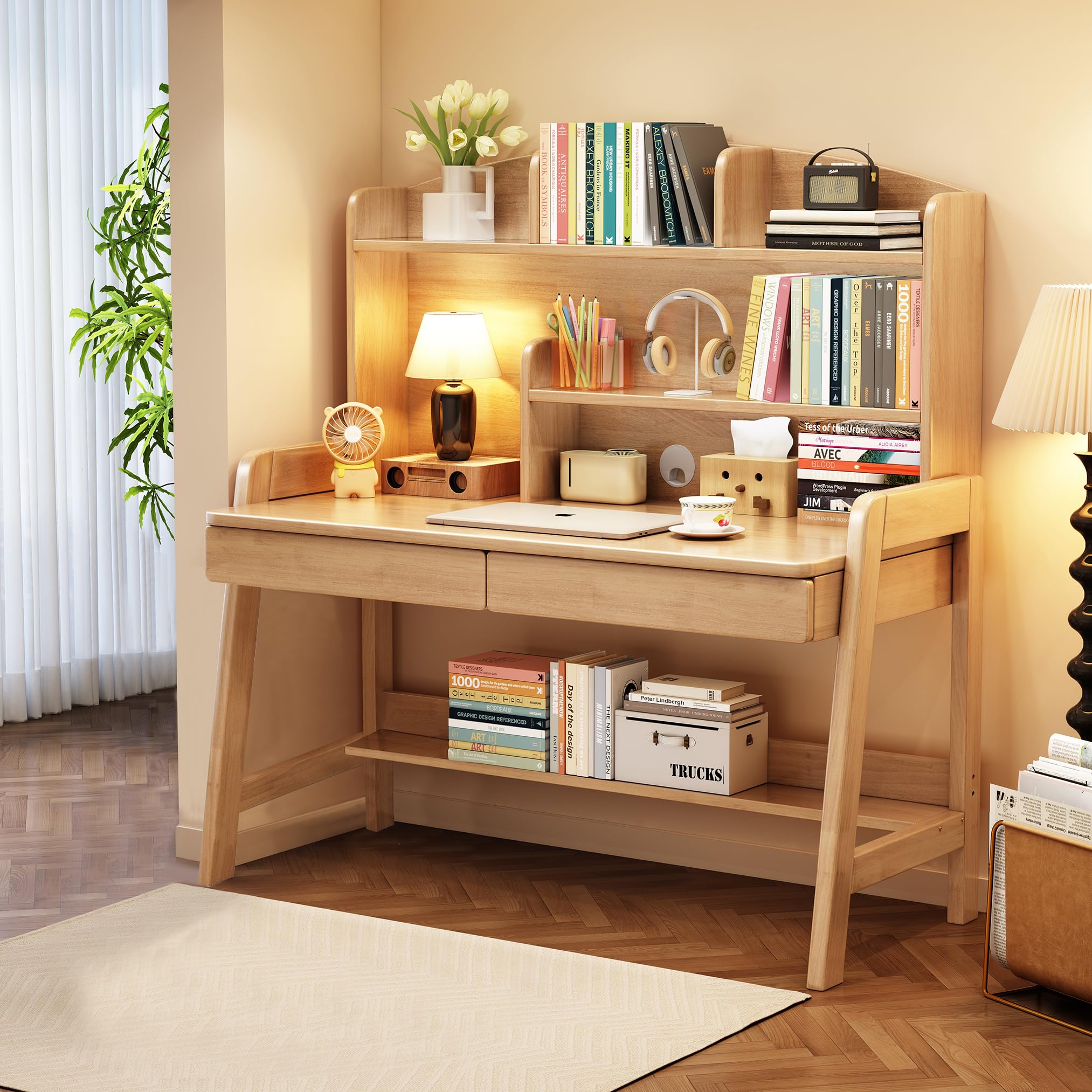 Kids Wooden Study Desk with Bookshelf and Two Drawers
