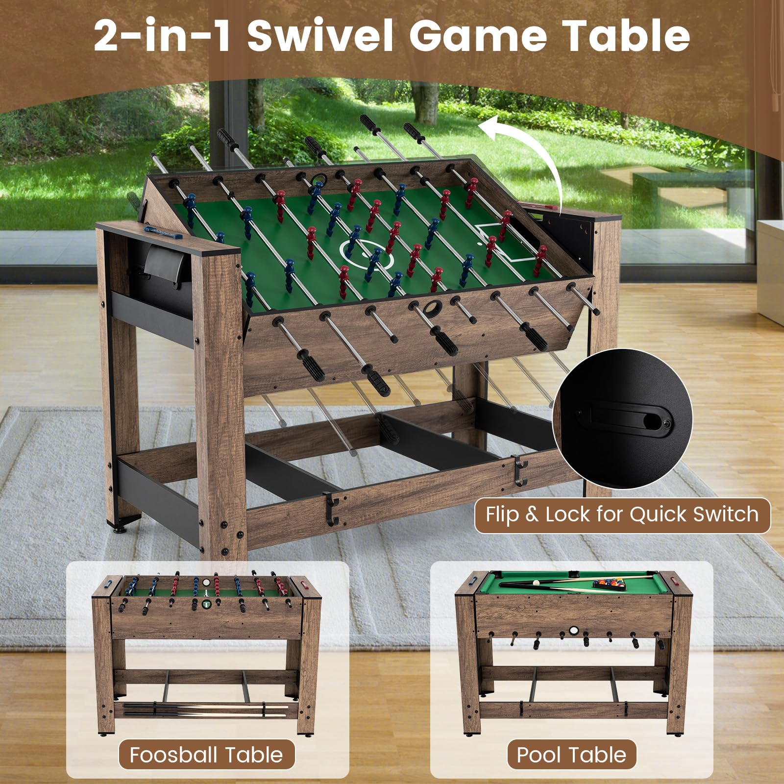 48" 2-in-1 Swivel Multi Game Table with Foosball and Pool