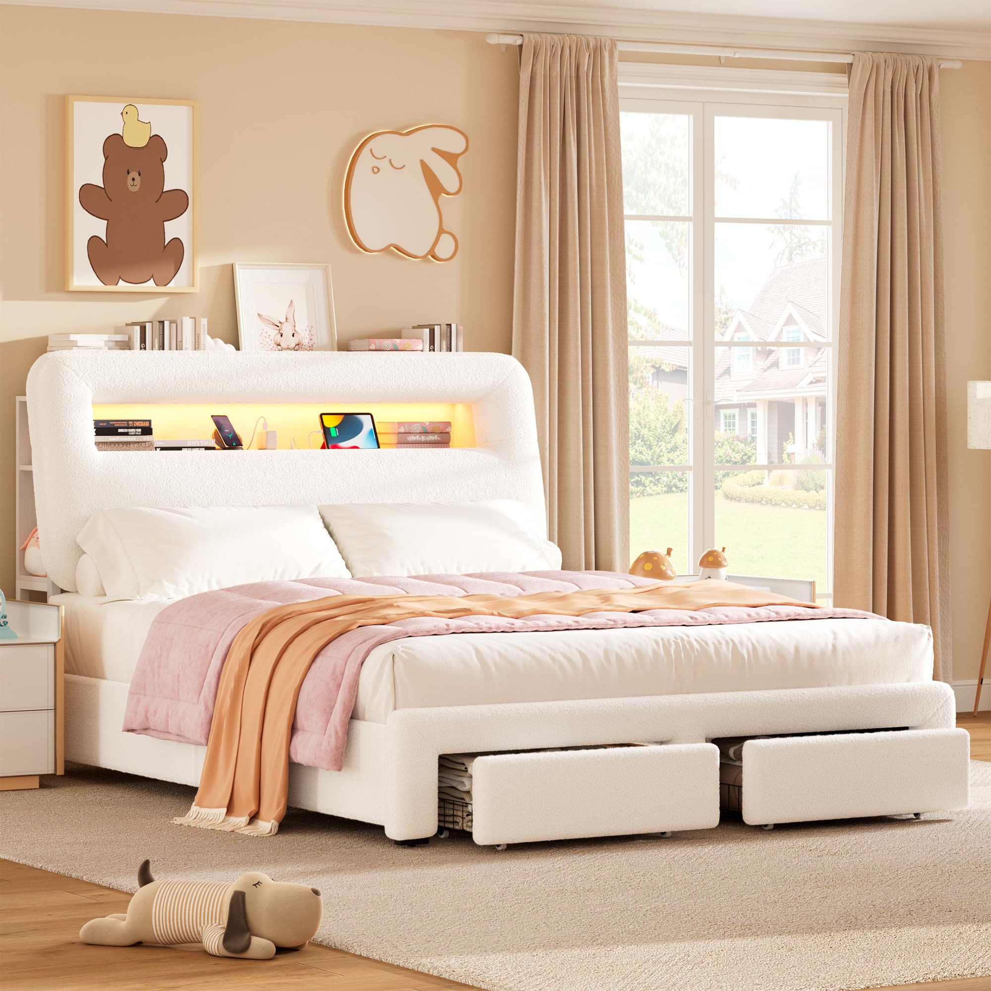 King LED Bed Frame with Storage Headboard and Charging Station