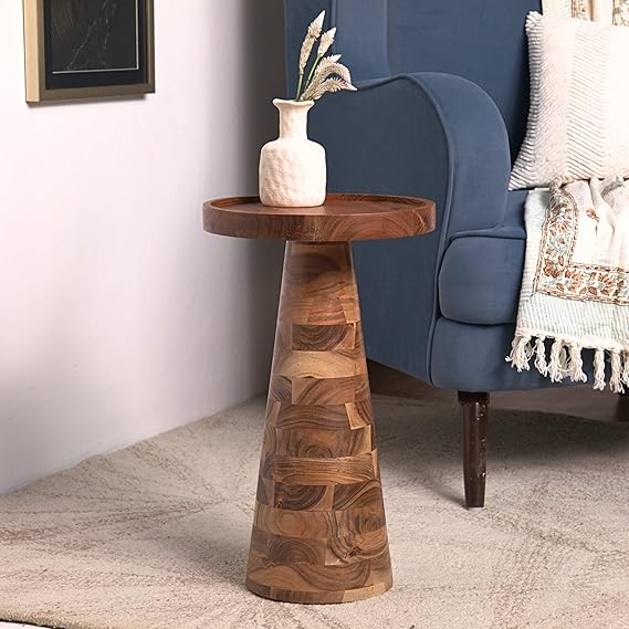 Round Solid Wood End Table with Tray Top