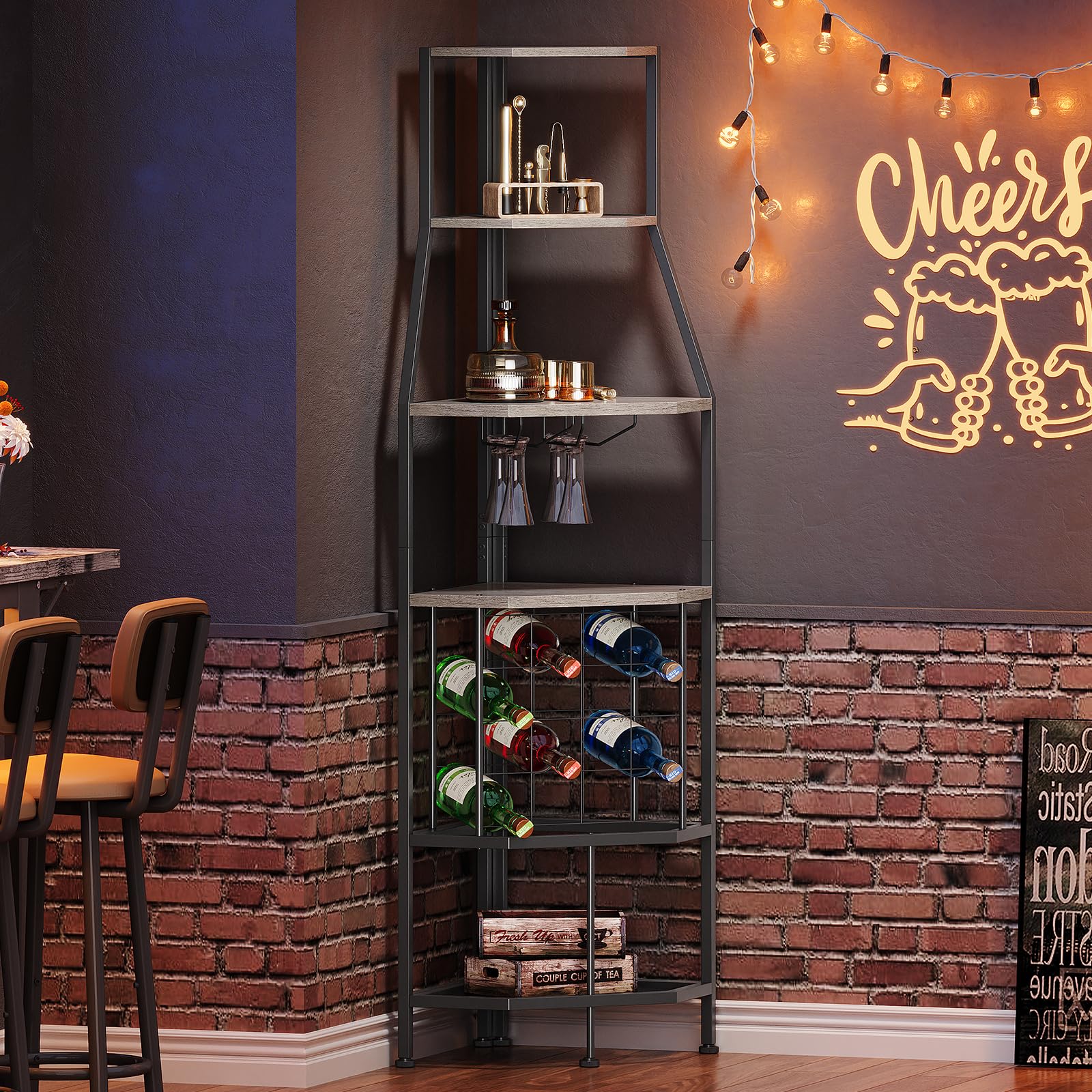 5-Tier Corner Wine Rack with Glass Holder