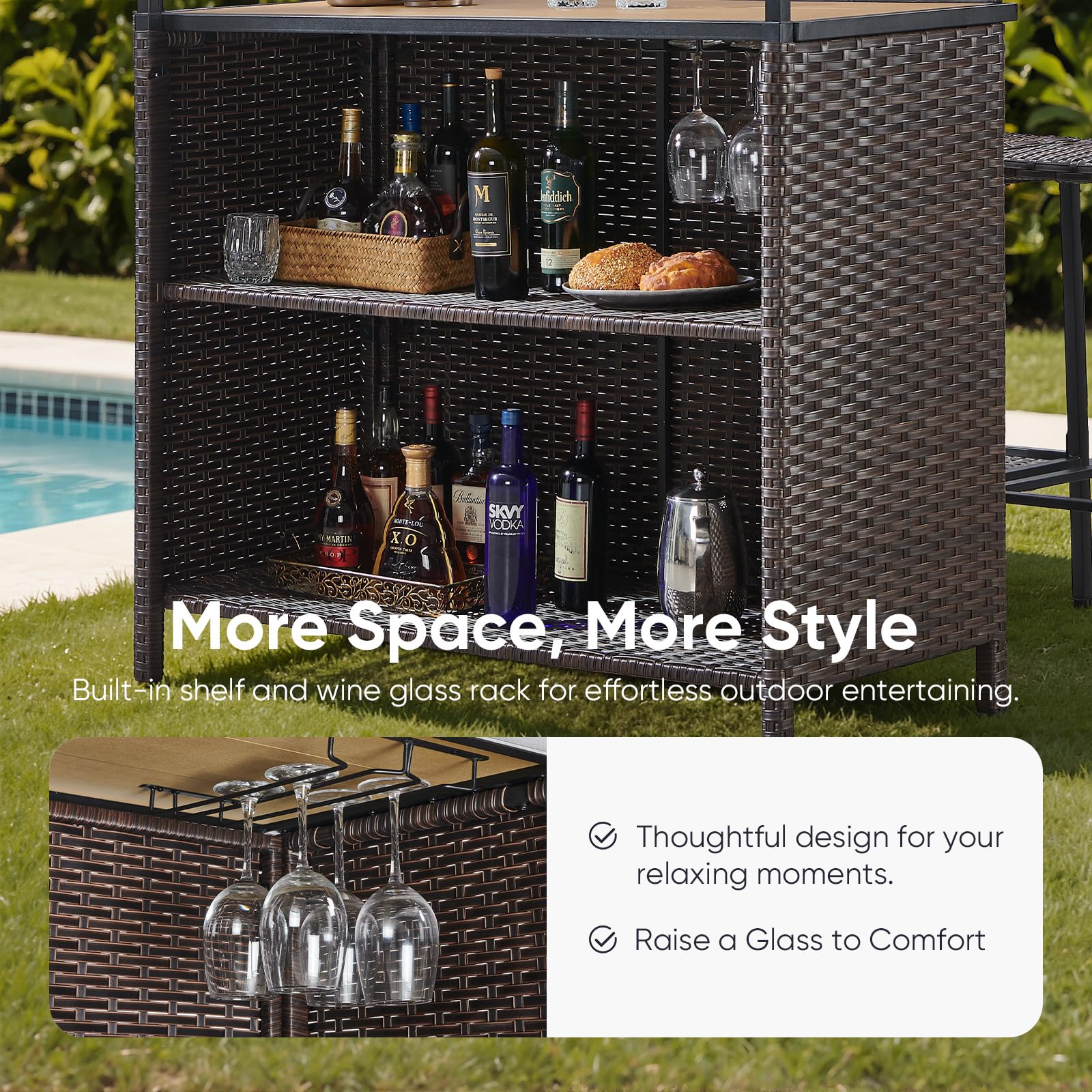 Outdoor Tiki Bar Set with Palapa Top - 3 Piece Wicker Patio Set