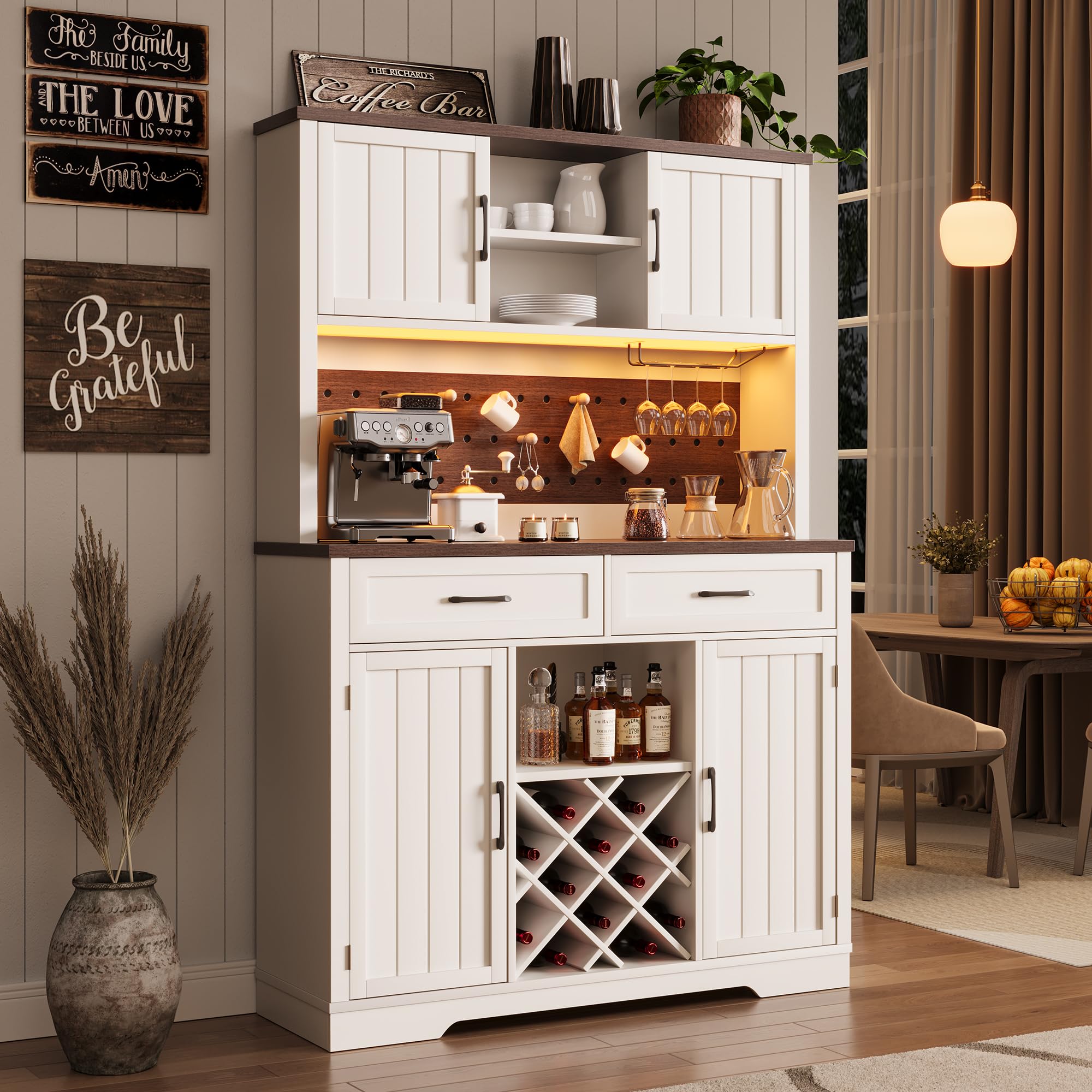 Coffee Bar Cabinet with Power Outlet & LED Light