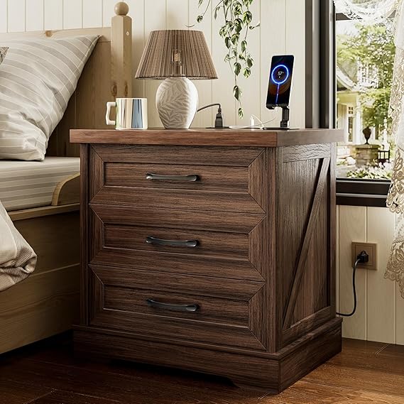 Farmhouse Nightstand with Charging Station and 3 Drawers