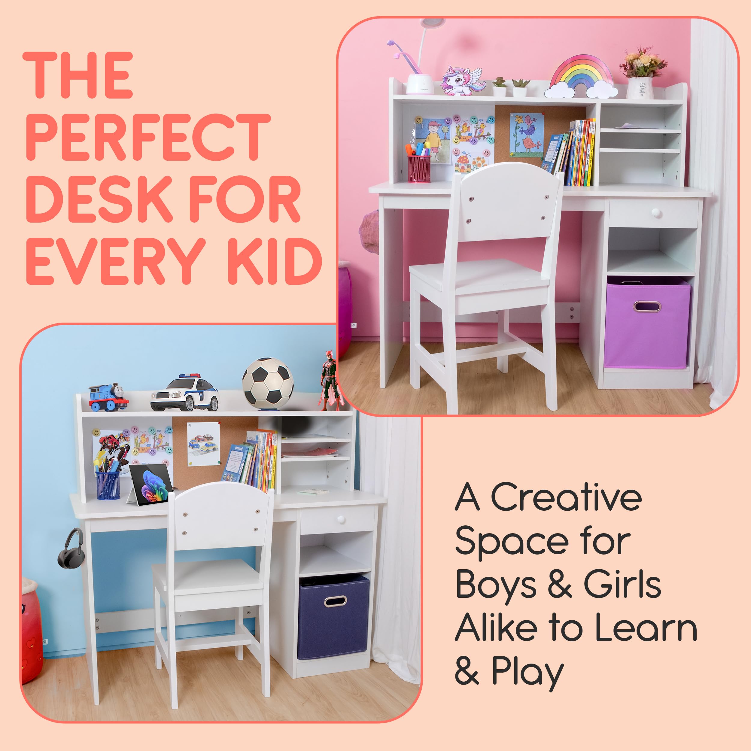 Kids Study Desk with Chair Set — Wooden Child Desk with Hutch & Storage Cabinet