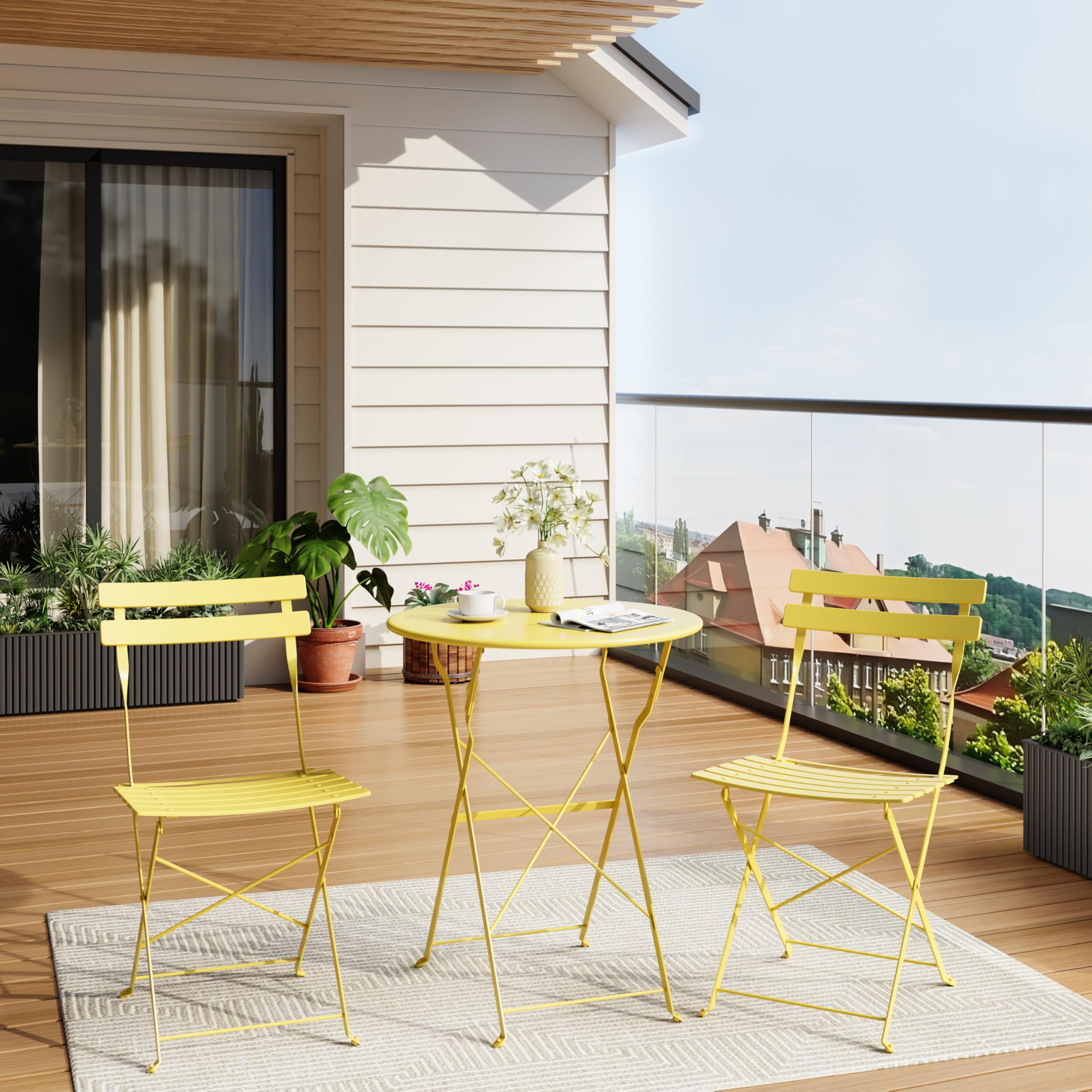 Patio Bistro Sets, 3-Piece Outdoor Furniture with Round Table & 2 Folding Chairs, Compact Balcony Set for Small Spaces, Porch/Garden, Yellow