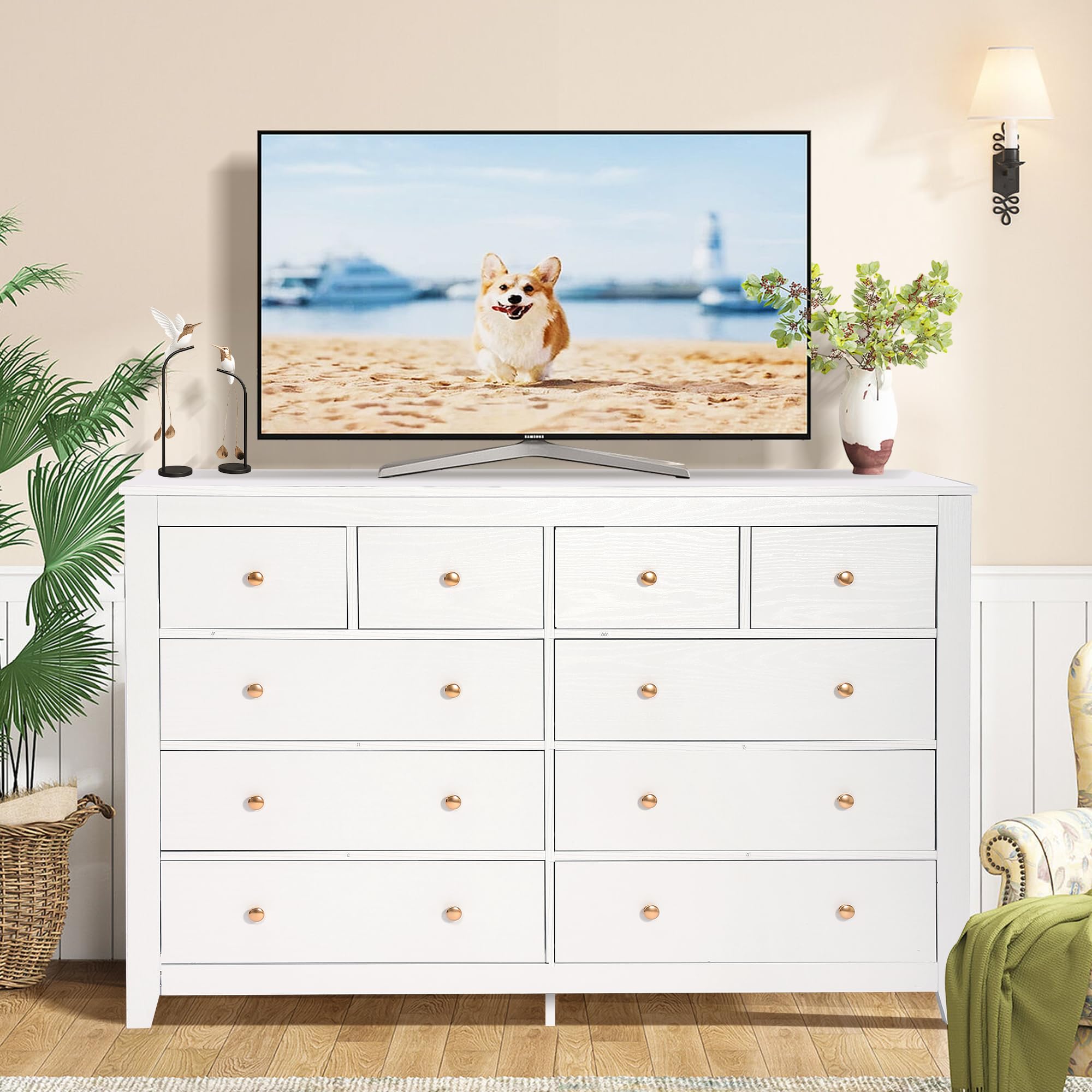 10 Drawer Dresser 52 Inch Wooden Chest with Gold Knobs White