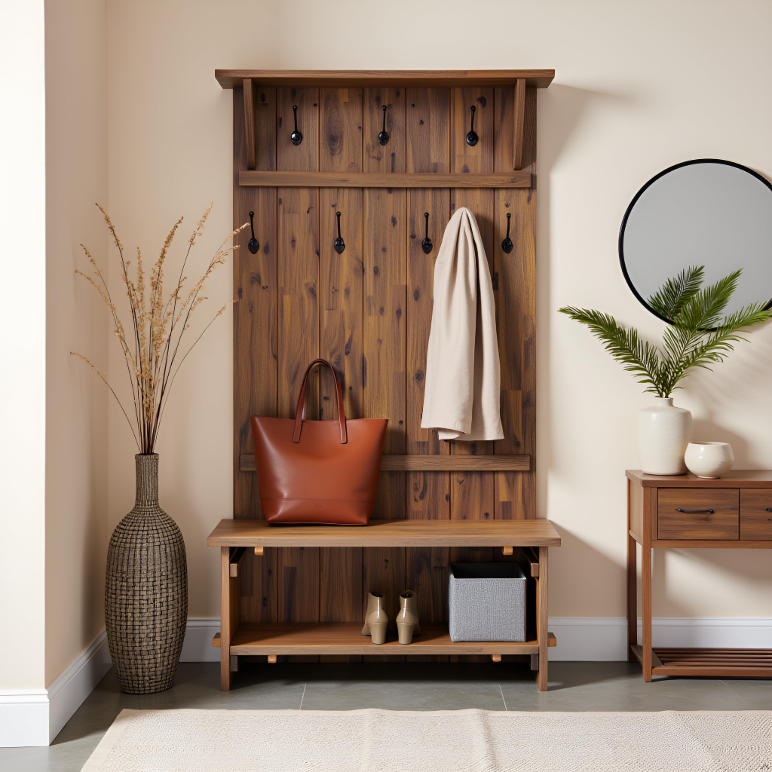 70" Acacia Wood Hall Tree with Bench & Storage