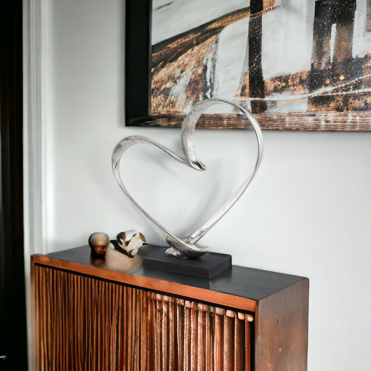 Heart Sculpture on Base - Silver Aluminum Tabletop Decor