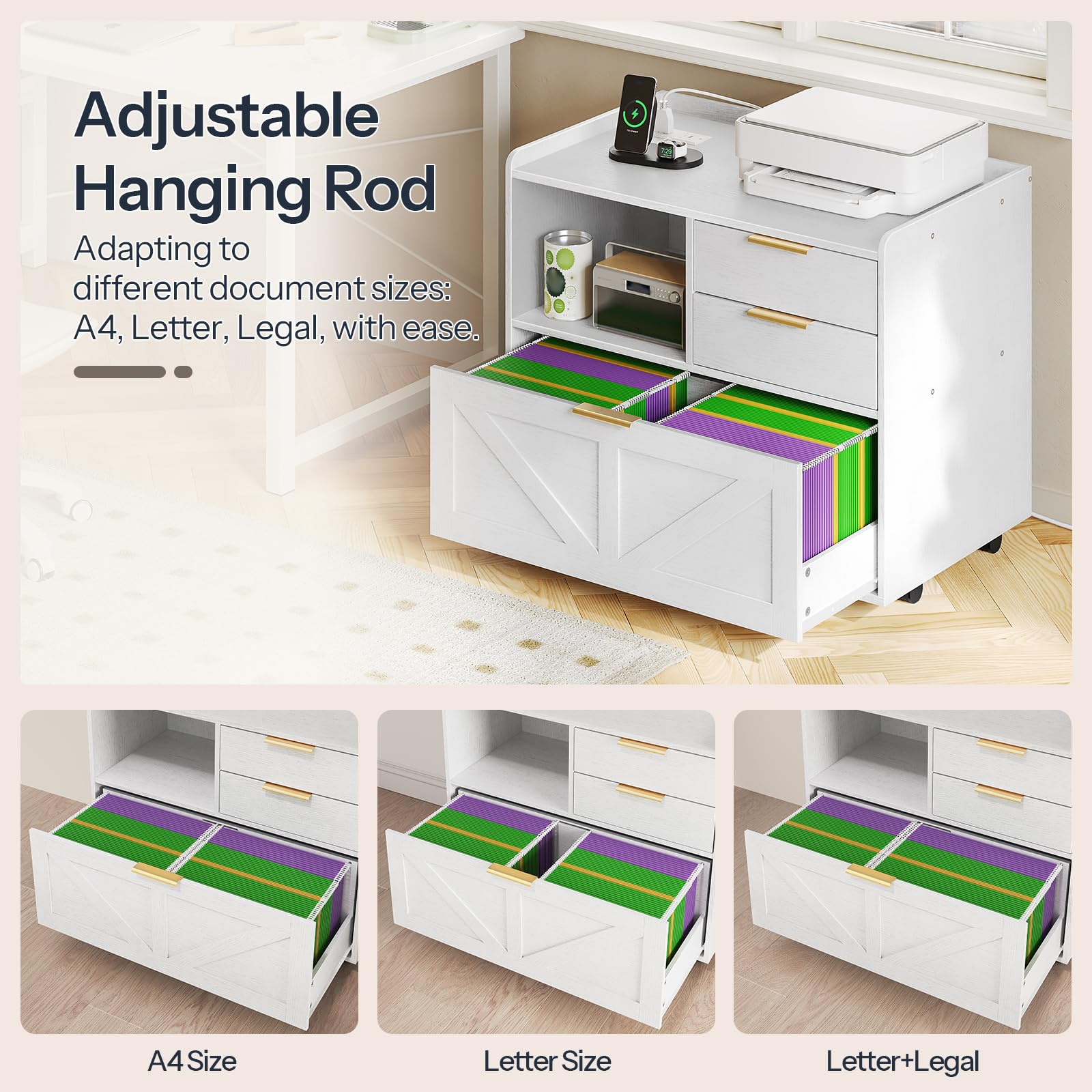 HOOBRO Lateral File Cabinet, Wooden Office Storage Drawers with Charging Station, Filing Cabinet for Home Office, A4/Letter/Legal-Sized Files, Printer Stand with Open Storage Spaces, White WT37UWJ01