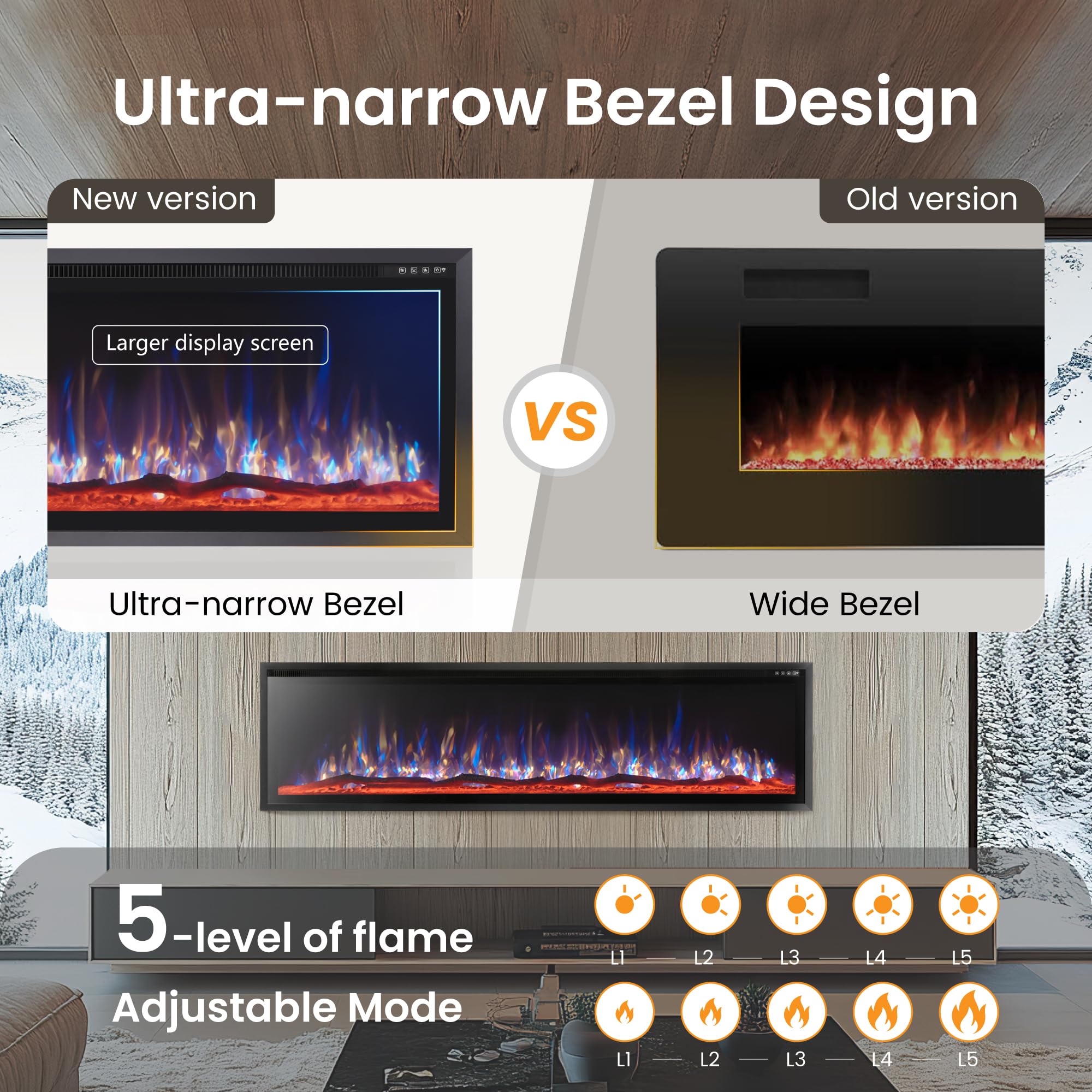 72" Electric Fireplace Wall Mounted with Remote Control