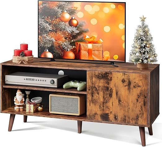 Mid-Century TV Stand with Storage Cabinet White 47 Inch