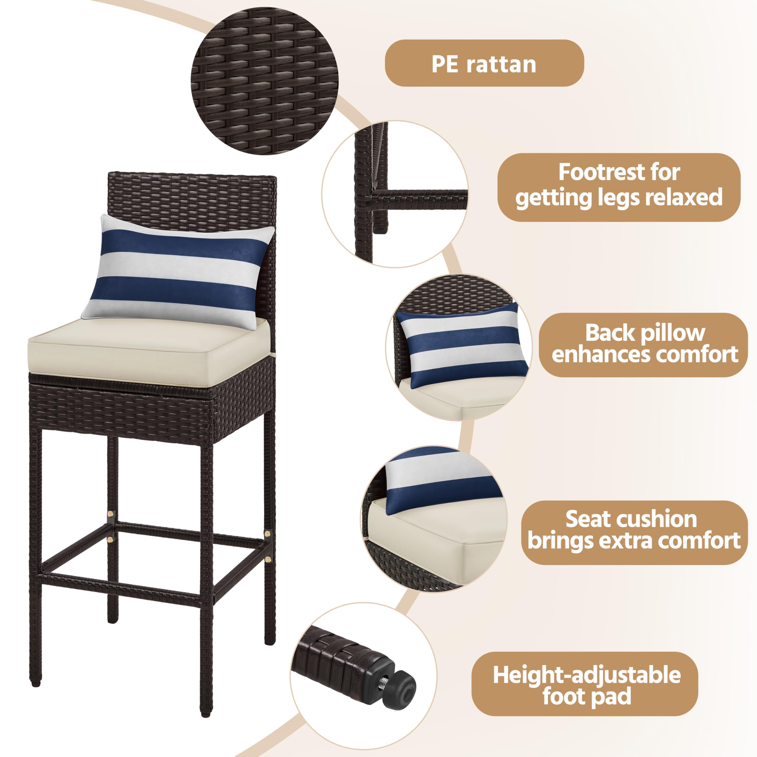 Outdoor PE Rattan Bar Stools Set of 4