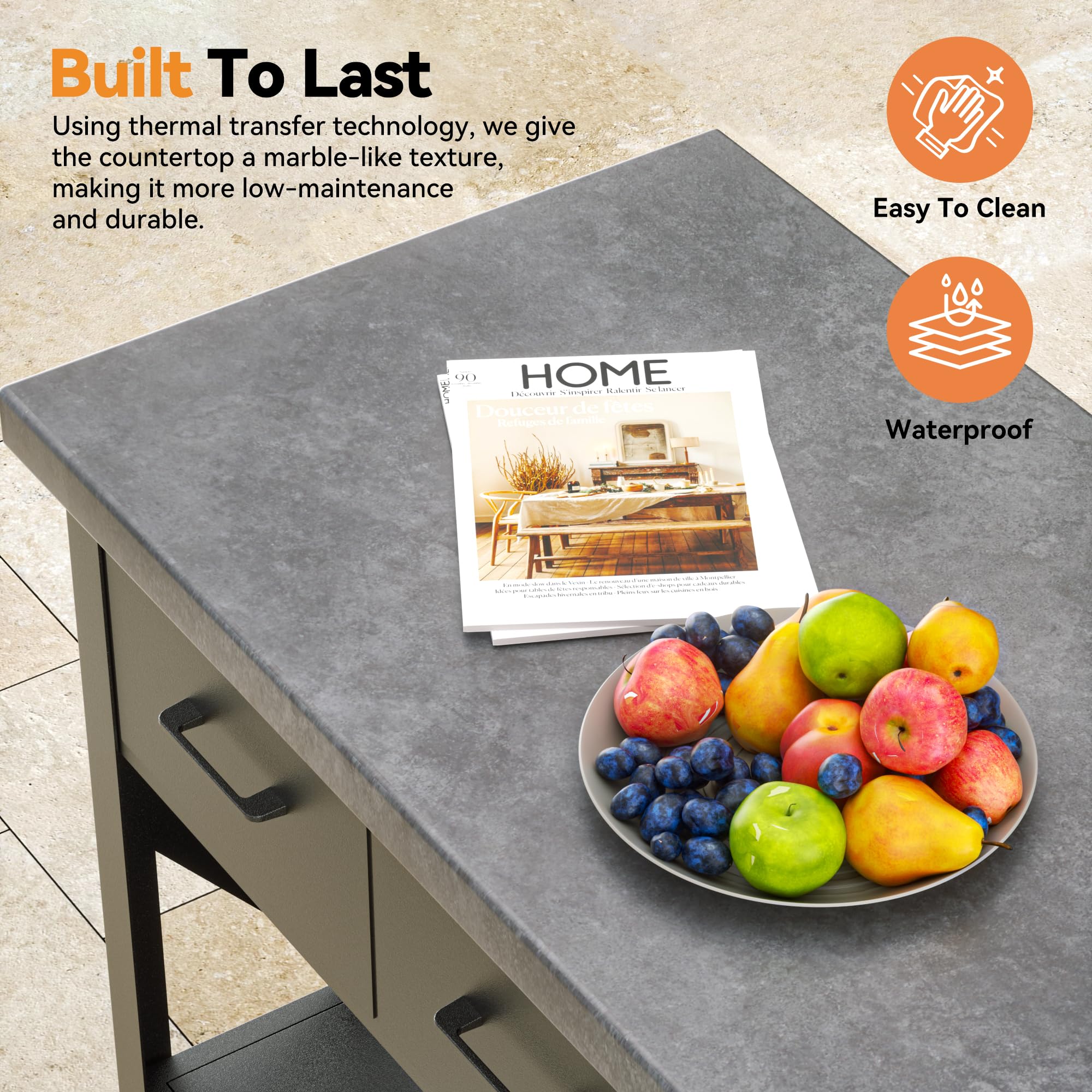 39" Outdoor Grill Table with 3 Drawers and Marble-Textured Top