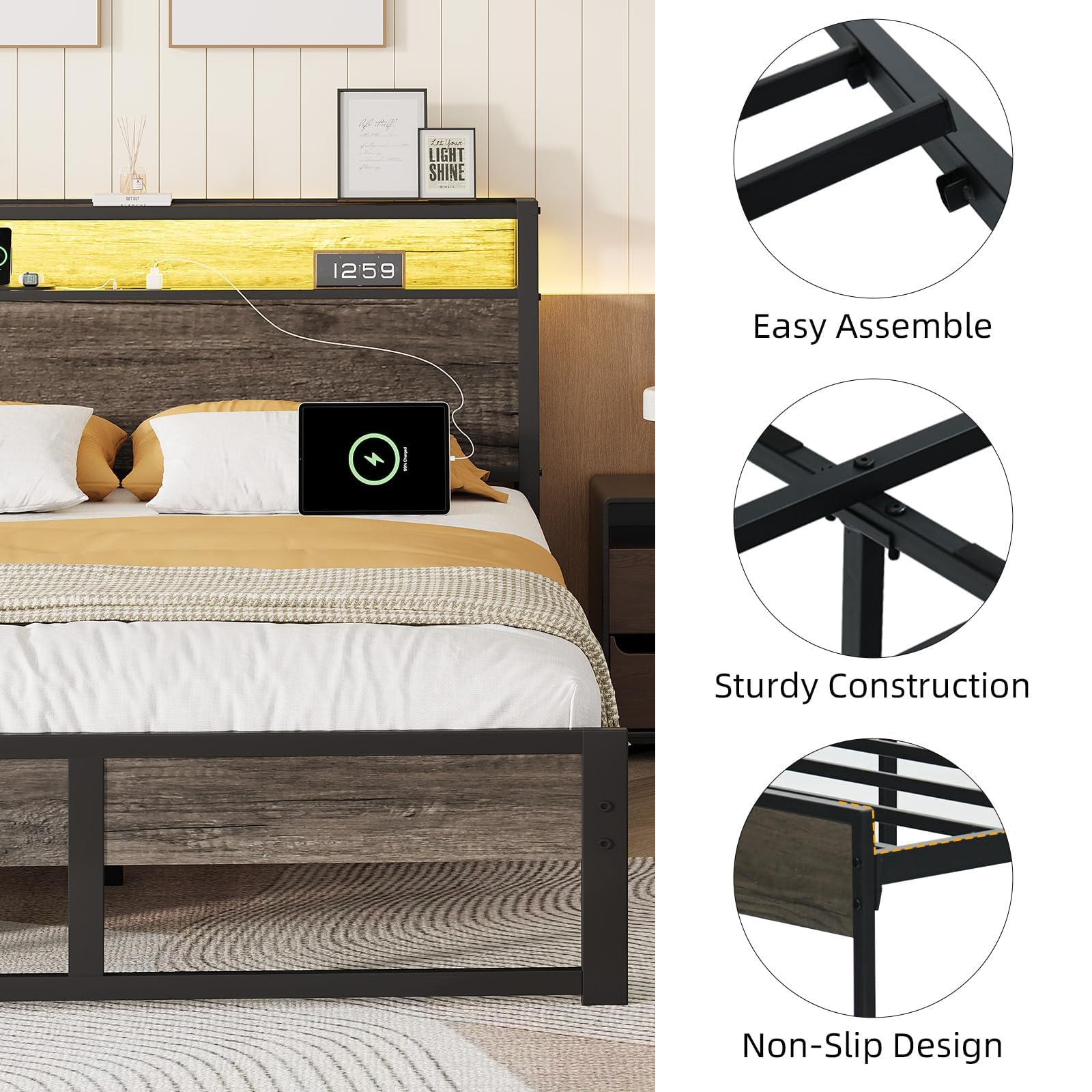 Twin Metal Bed Frame with LED Lights and Charging Station