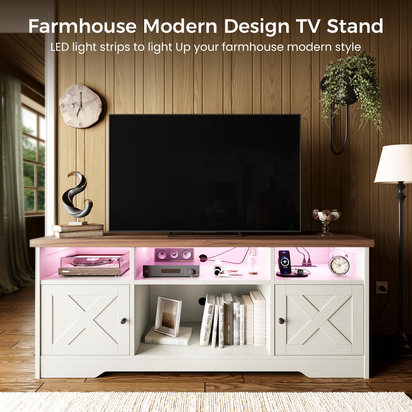 TV Stand for 65 Inch TV with Power Outlet and LED Light