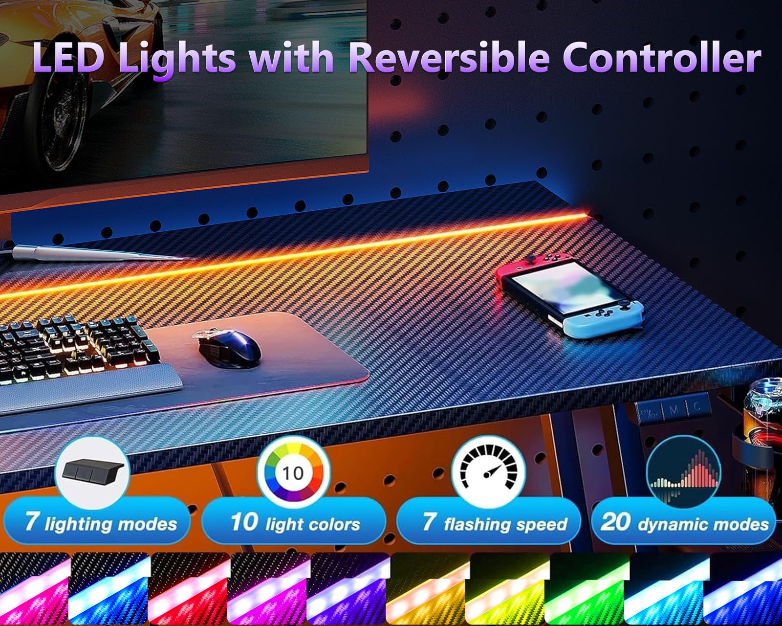 32 Inch Gaming Desk with LED Light and Carbon Fiber Texture
