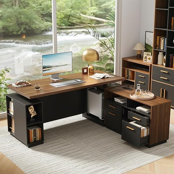 71" L-Shaped Standing Desk with File Cabinets