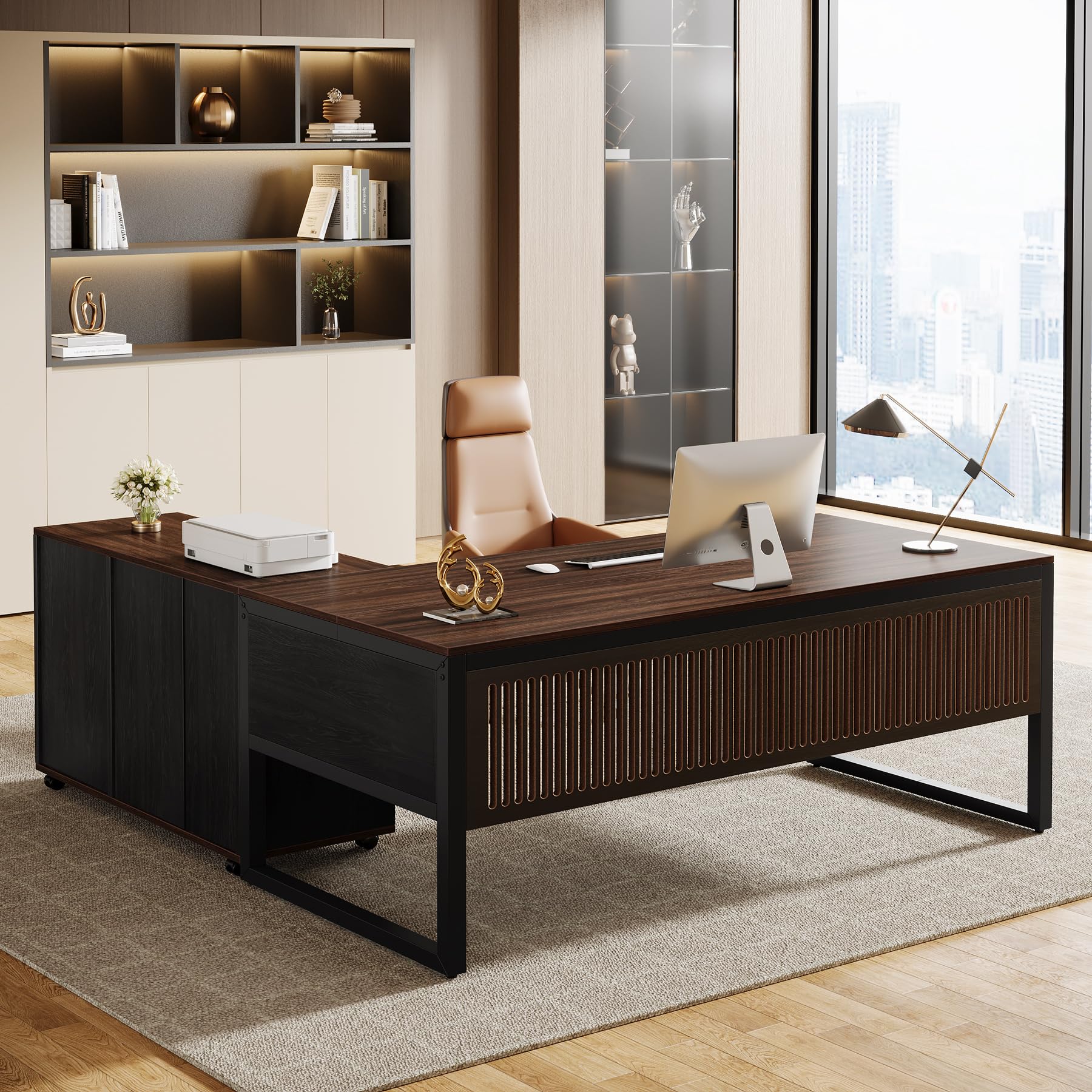 63-Inch L-Shaped Executive Desk with Mobile File Cabinet