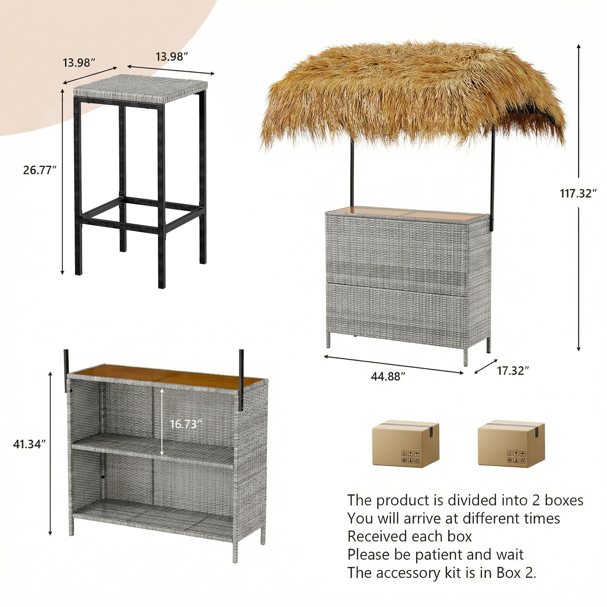 Tiki Bar Outdoor Patio Set with Tempered Glass Top