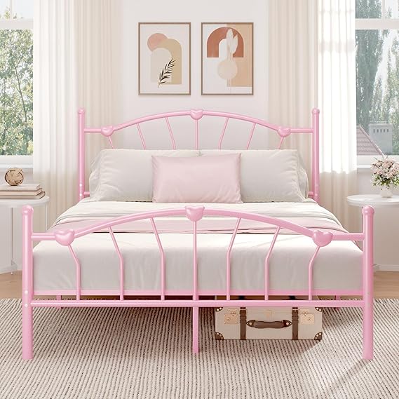 Queen Metal Bed Frame with Heart-Shaped Headboard