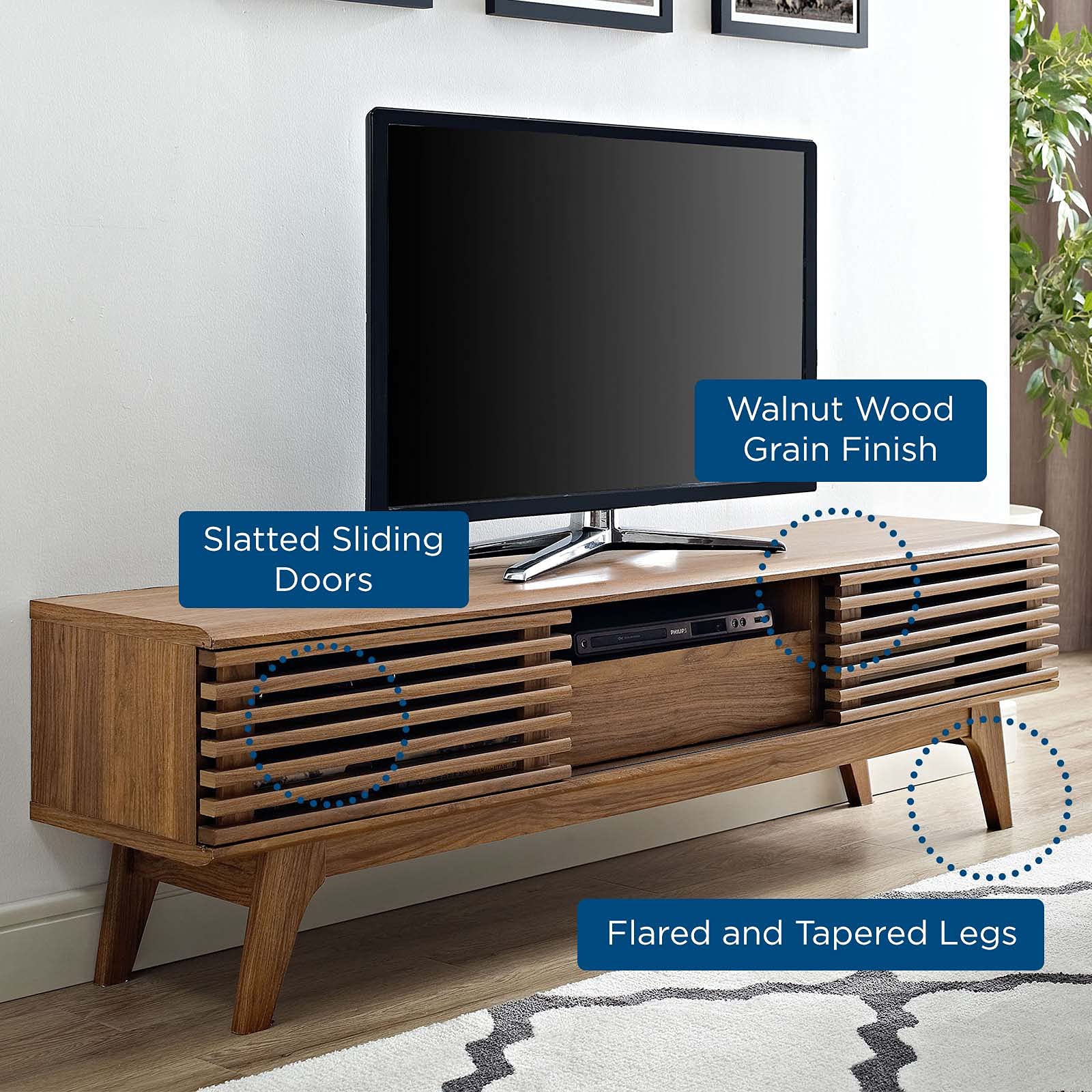 Mid-Century TV Stand with Sliding Doors