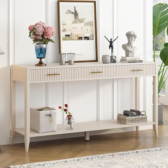 Contemporary Rectangular Console Table with Shelf and Storage Drawers