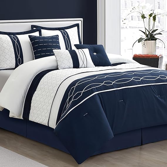 7 Piece Geometric Comforter Set California King White Navy