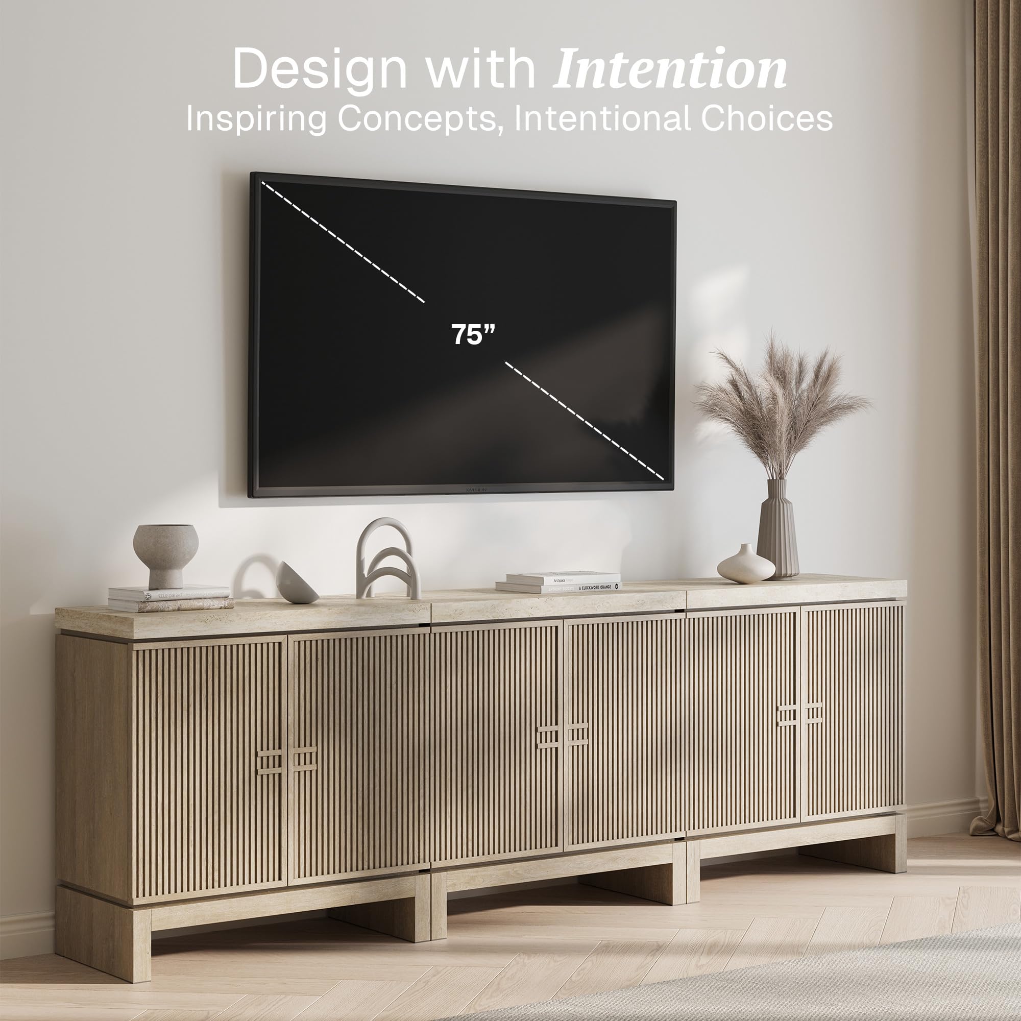 Travertine Sideboard Buffet Cabinet with Fluted Doors