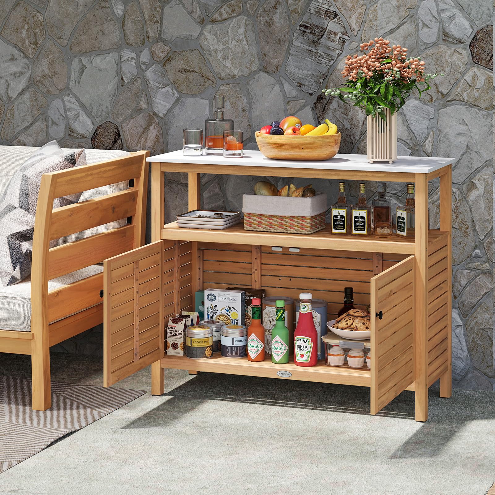 Acacia Wood Patio Storage Cabinet with Marble-Like Countertop