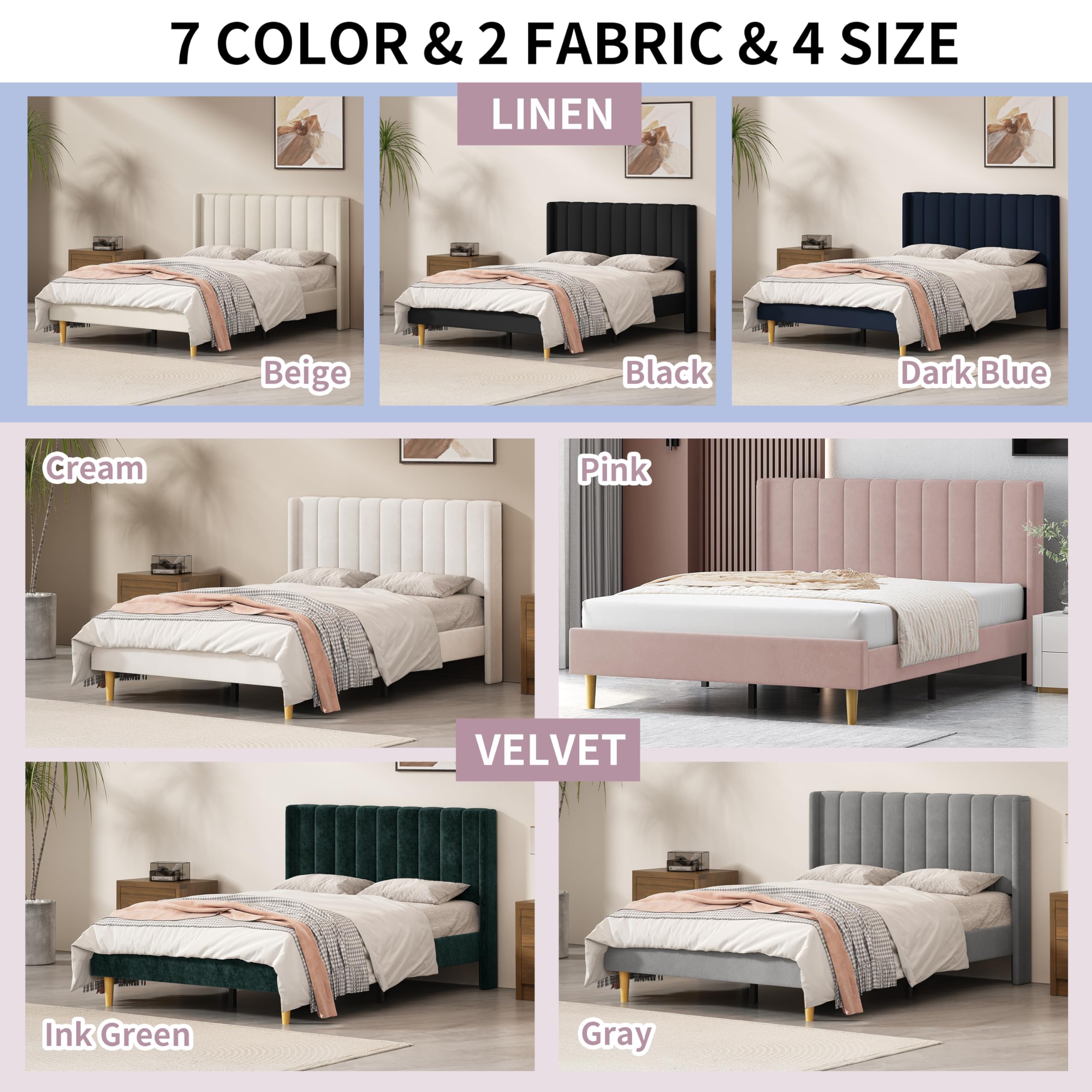 Pink Full Size Upholstered Platform Bed Frame with Wingback Headboard