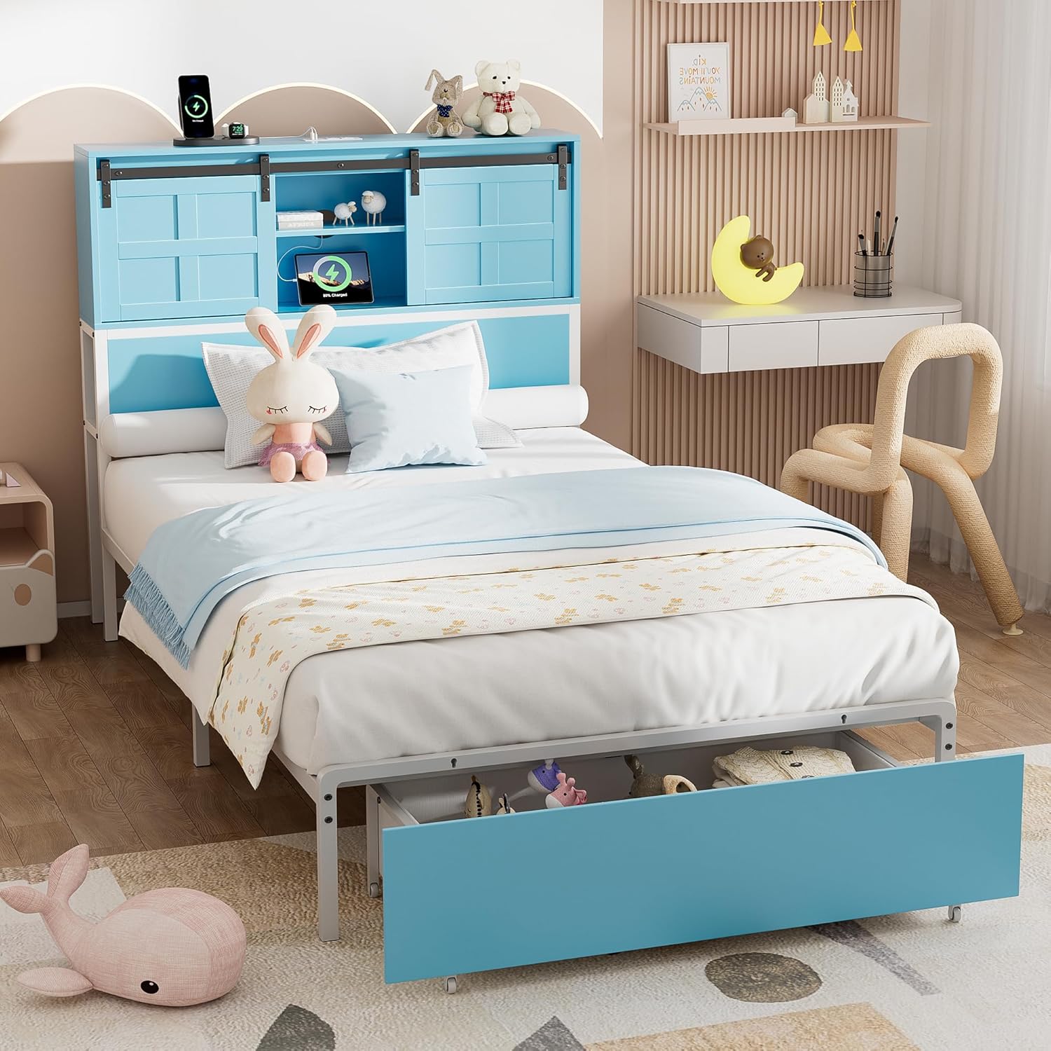 Twin Bed Frame with Storage and Charging Station