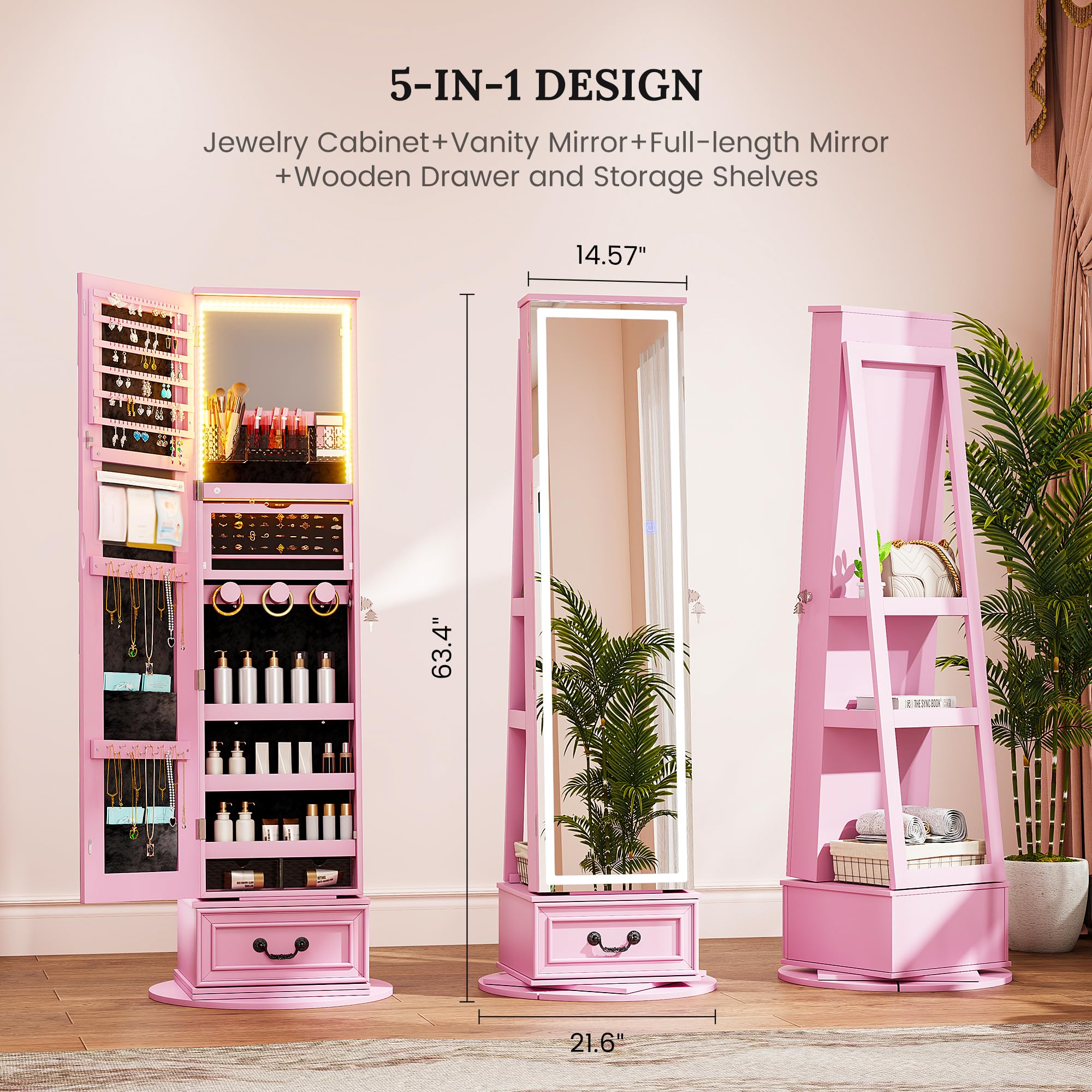 LED Mirror Jewelry Cabinet with 360° Swivel and Storage Drawer