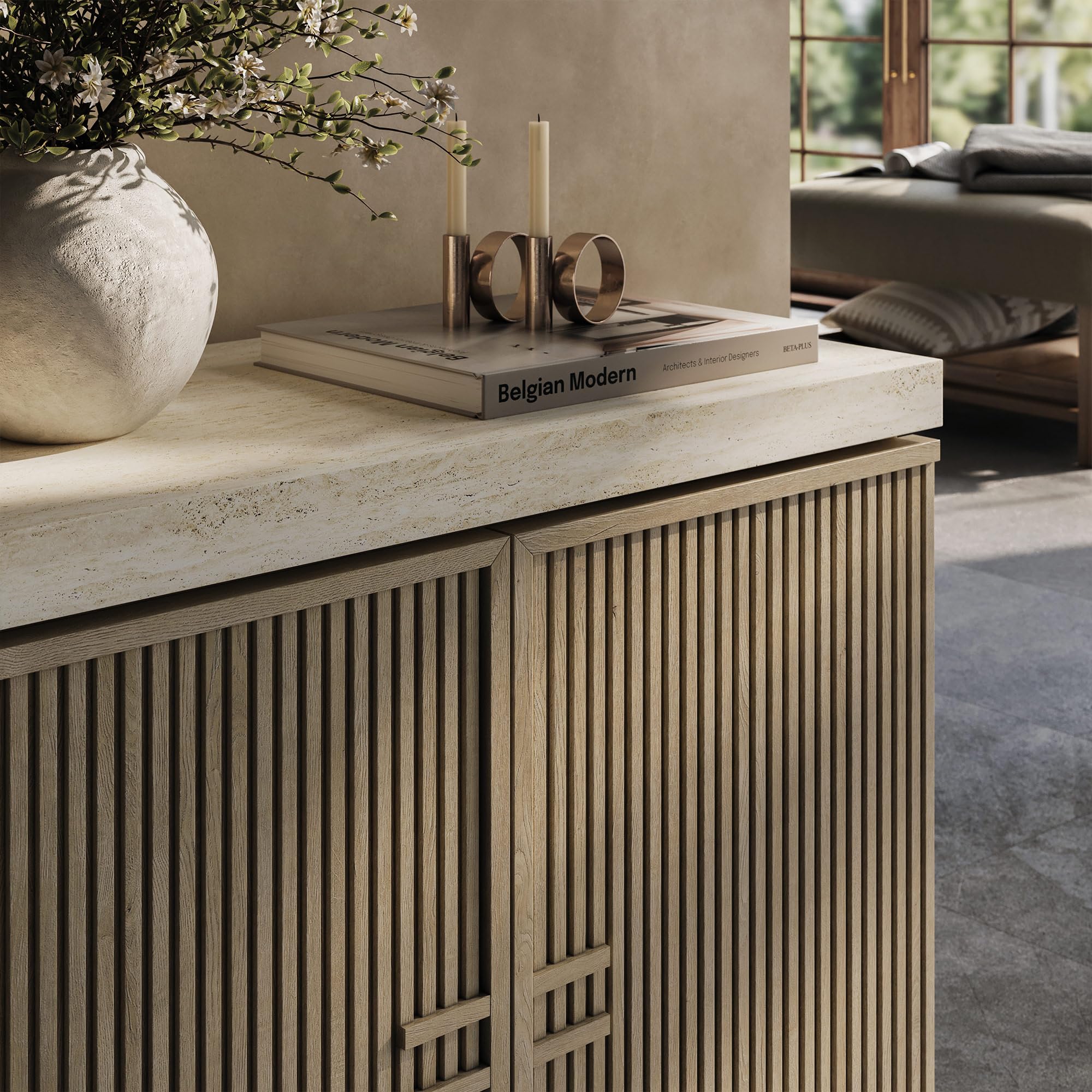 Travertine Sideboard Buffet Cabinet with Fluted Doors