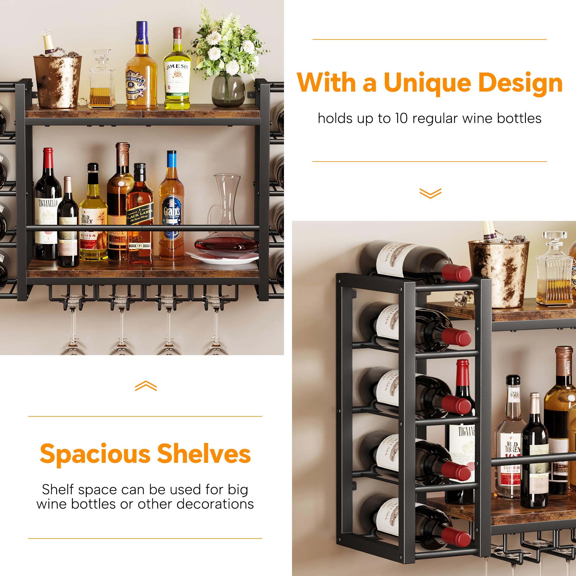Wall Mounted Wine Rack for 10 Bottles with Top Enclosure