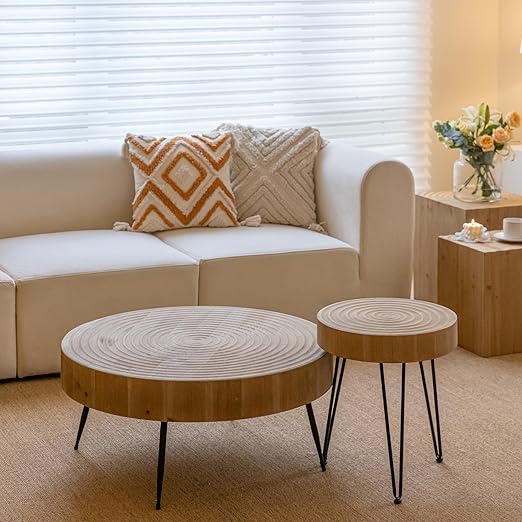 2-Piece Round Nesting Coffee Table Set with Wood Radial Pattern
