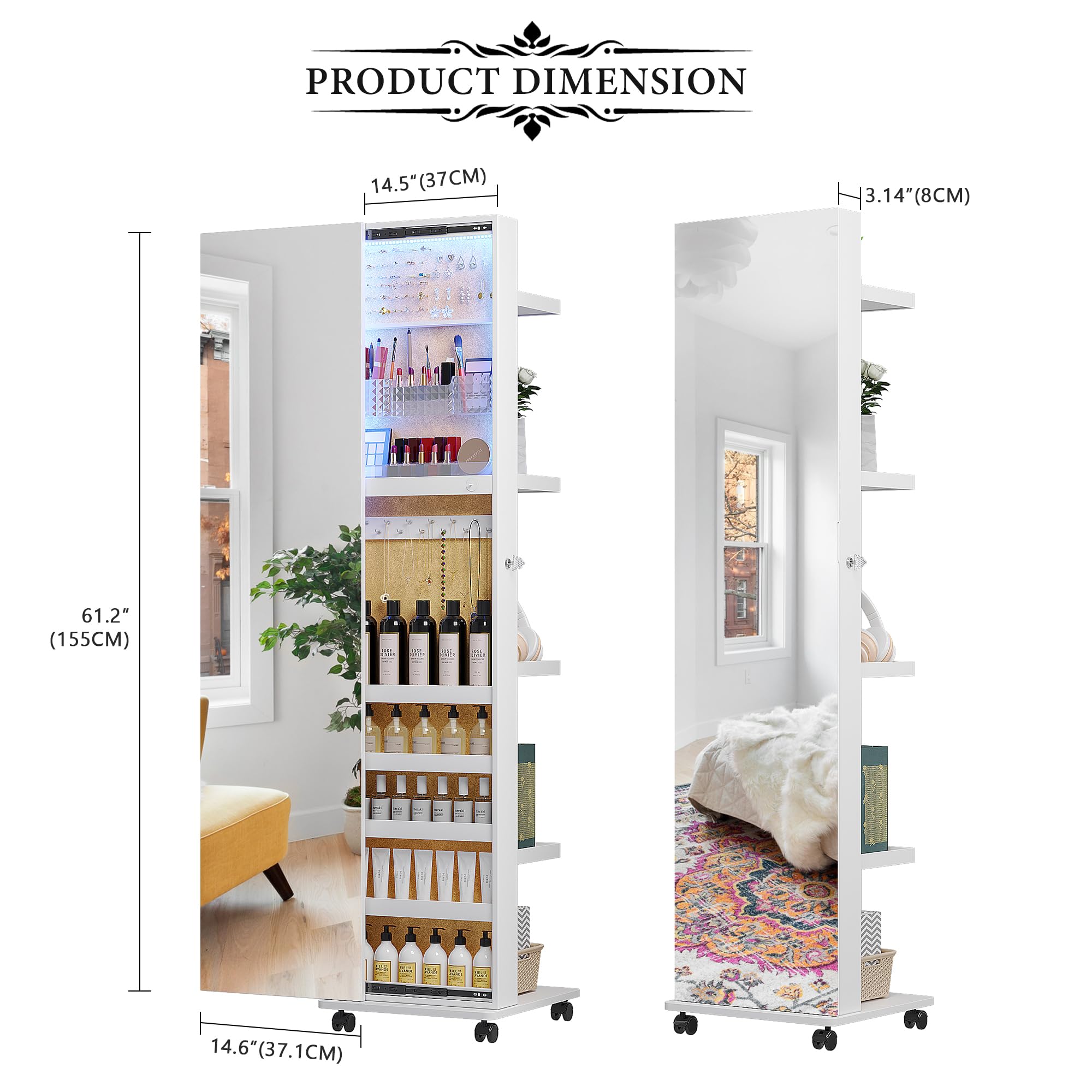 360° Rotating LED Jewelry Armoire with Full Length Mirror