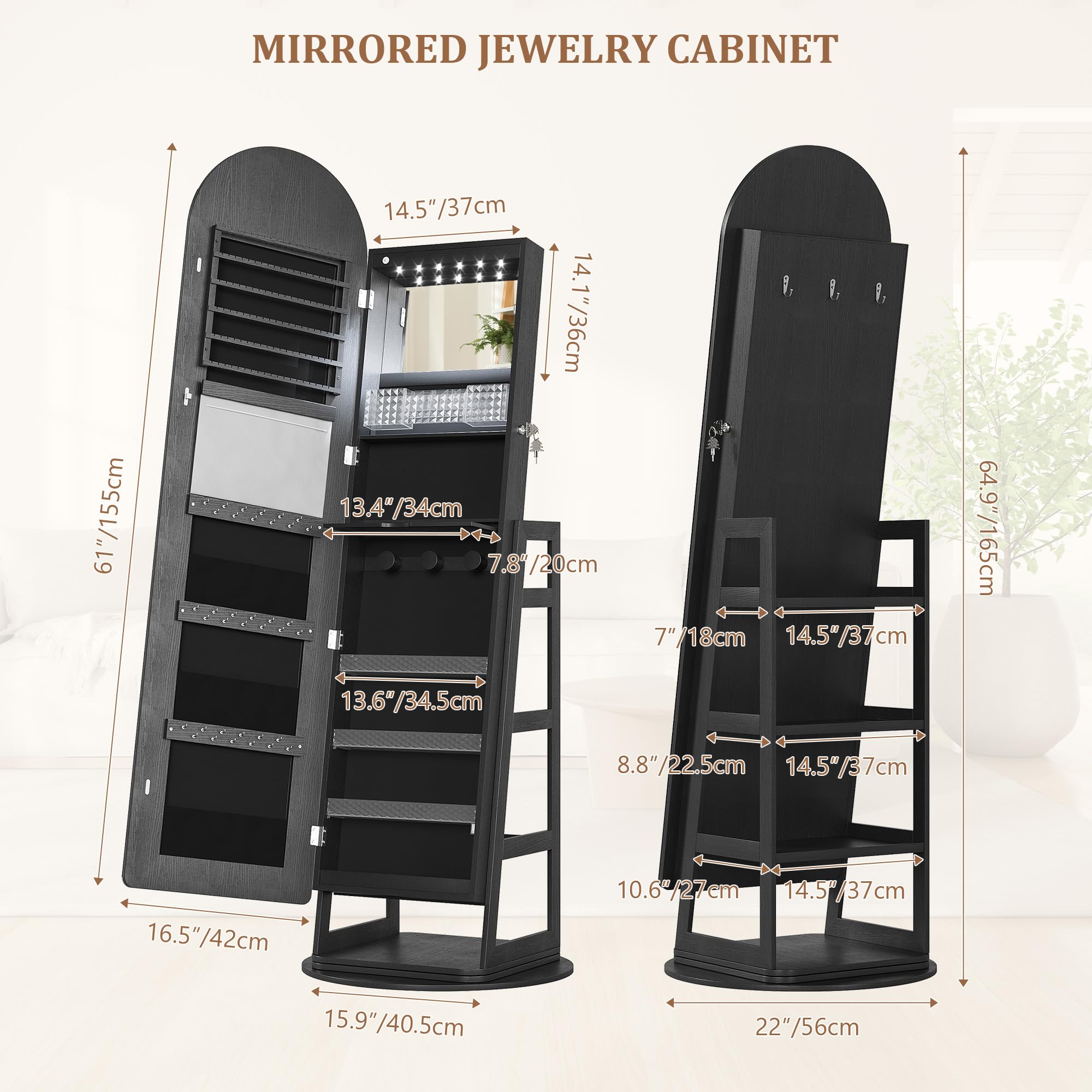 LED Mirror Jewelry Cabinet with Lockable Storage